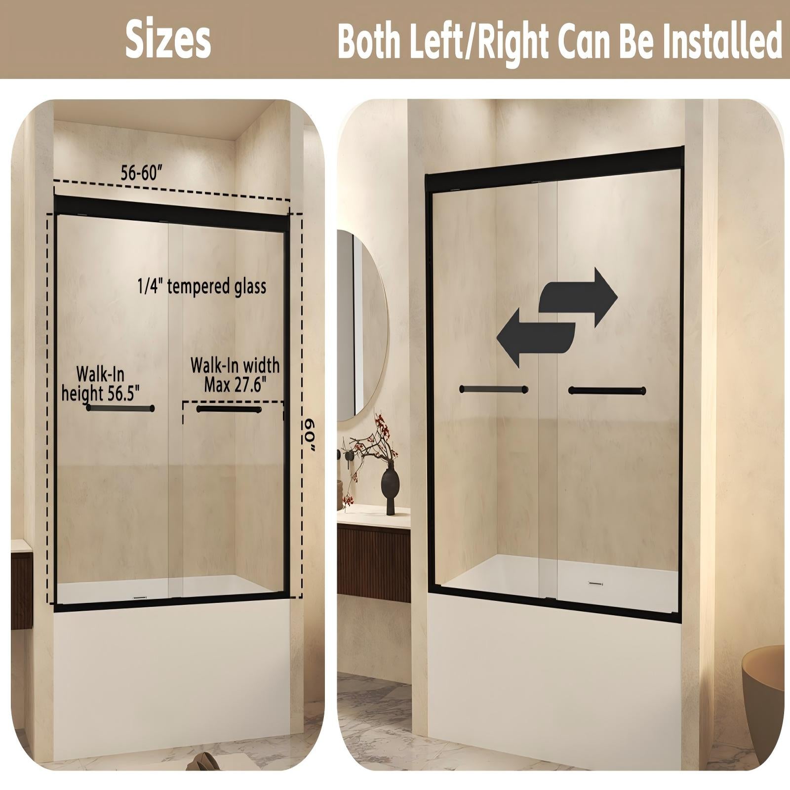 56-60" W x 60" H Double Sliding Shower Door with 6mm Tempered Glass, Safety Film, Matte Black Aluminum Frame & Stainless Steel Handle