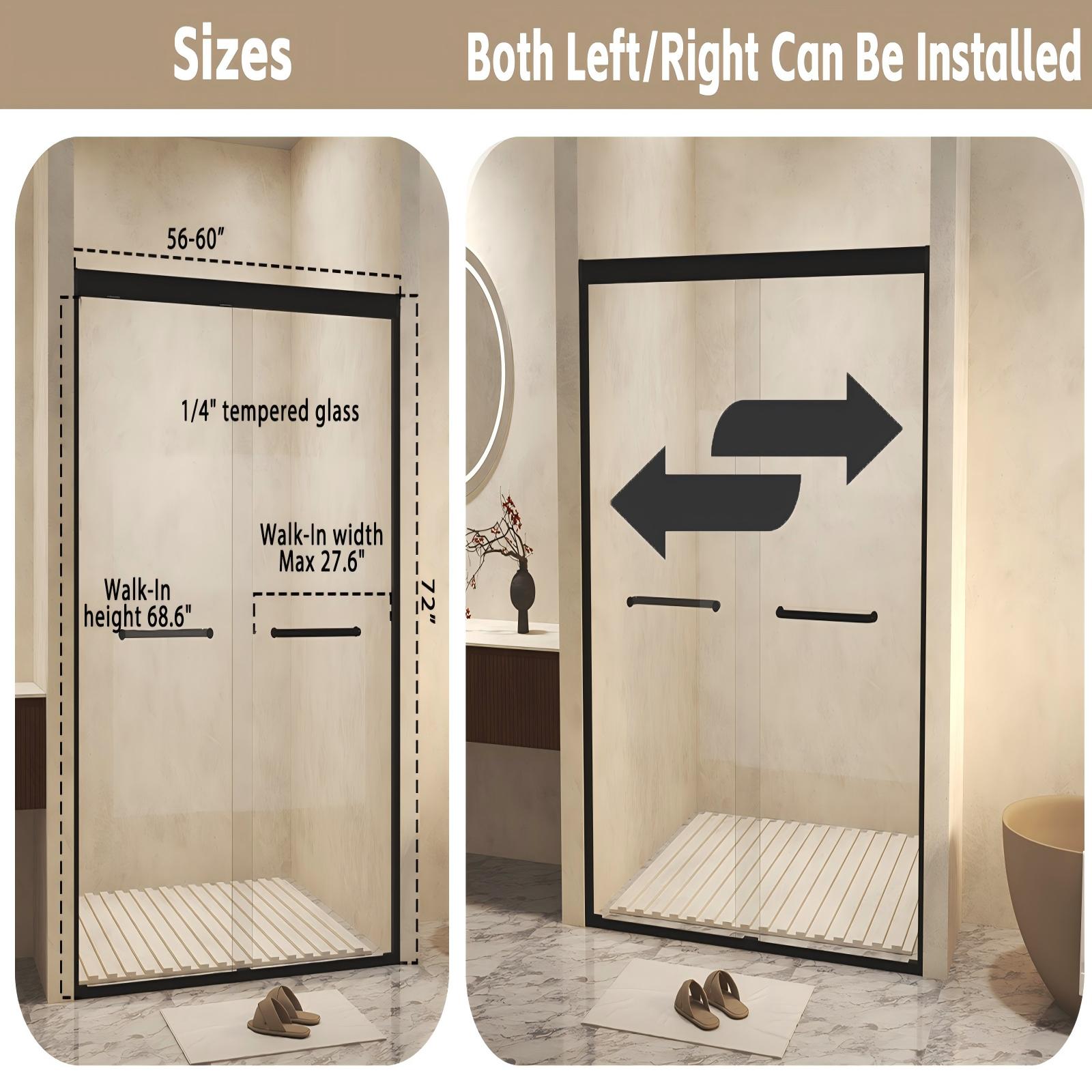 56-60" W x 72" H Double Sliding Shower Door with 6mm Tempered Glass, Safety Film, Matte Black Aluminum Frame & Stainless Steel Handle