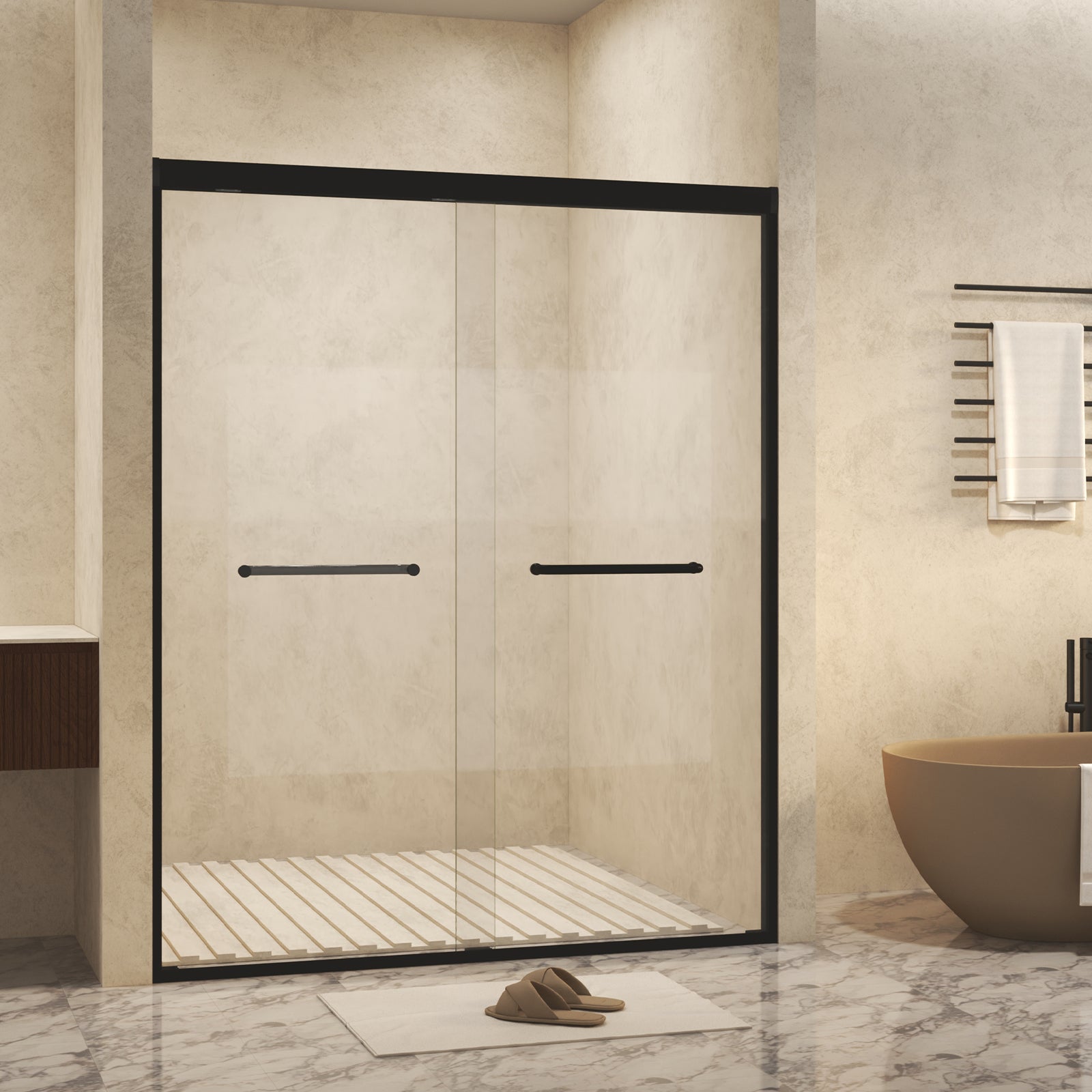 44-48" W x 72" H Double Sliding Shower Door with 6mm Tempered Glass, Safety Film, Aluminum Frame & Matte Black Stainless Steel Handle