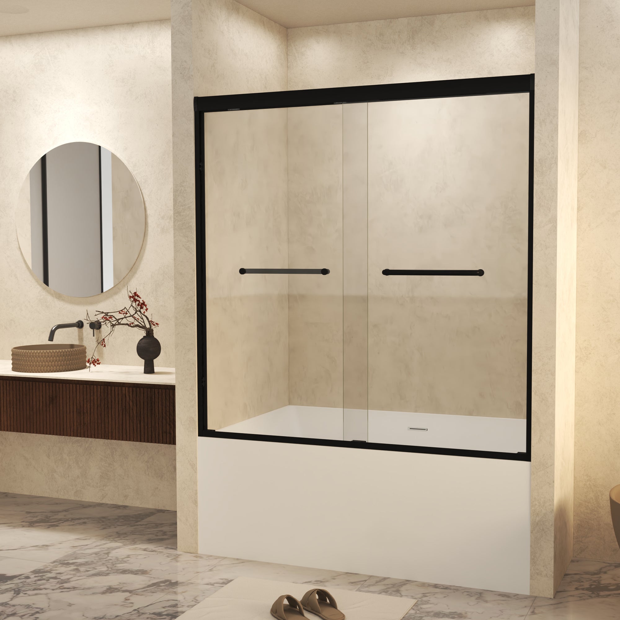 56-60" W x 60" H Double Sliding Shower Door with 6mm Tempered Glass, Safety Film, Matte Black Aluminum Frame & Stainless Steel Handle