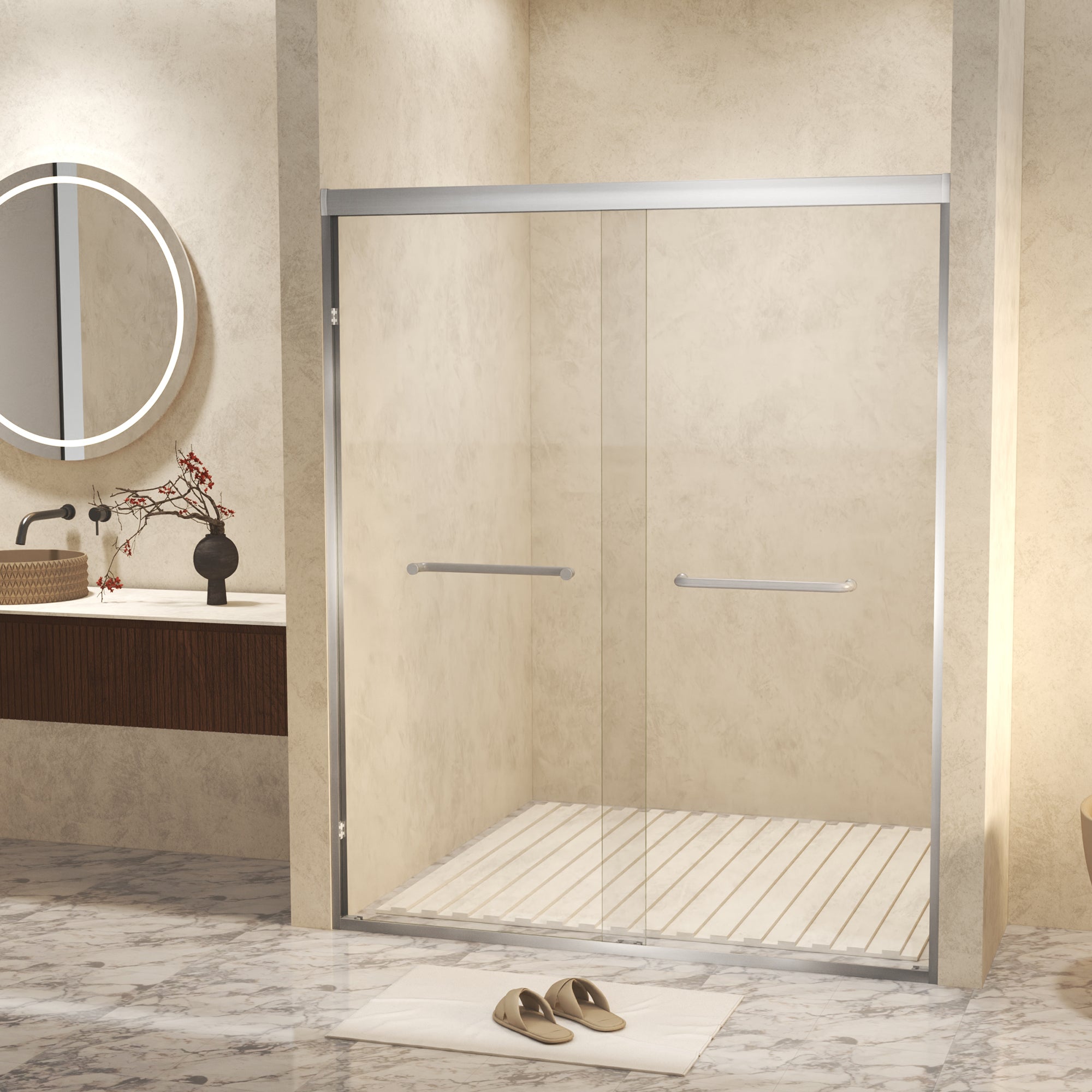44-48" x 72" Double Sliding Shower Door with 6mm Tempered Glass, Safety Film, Aluminum Frame and Brushed Nickel Stainless Steel Handle
