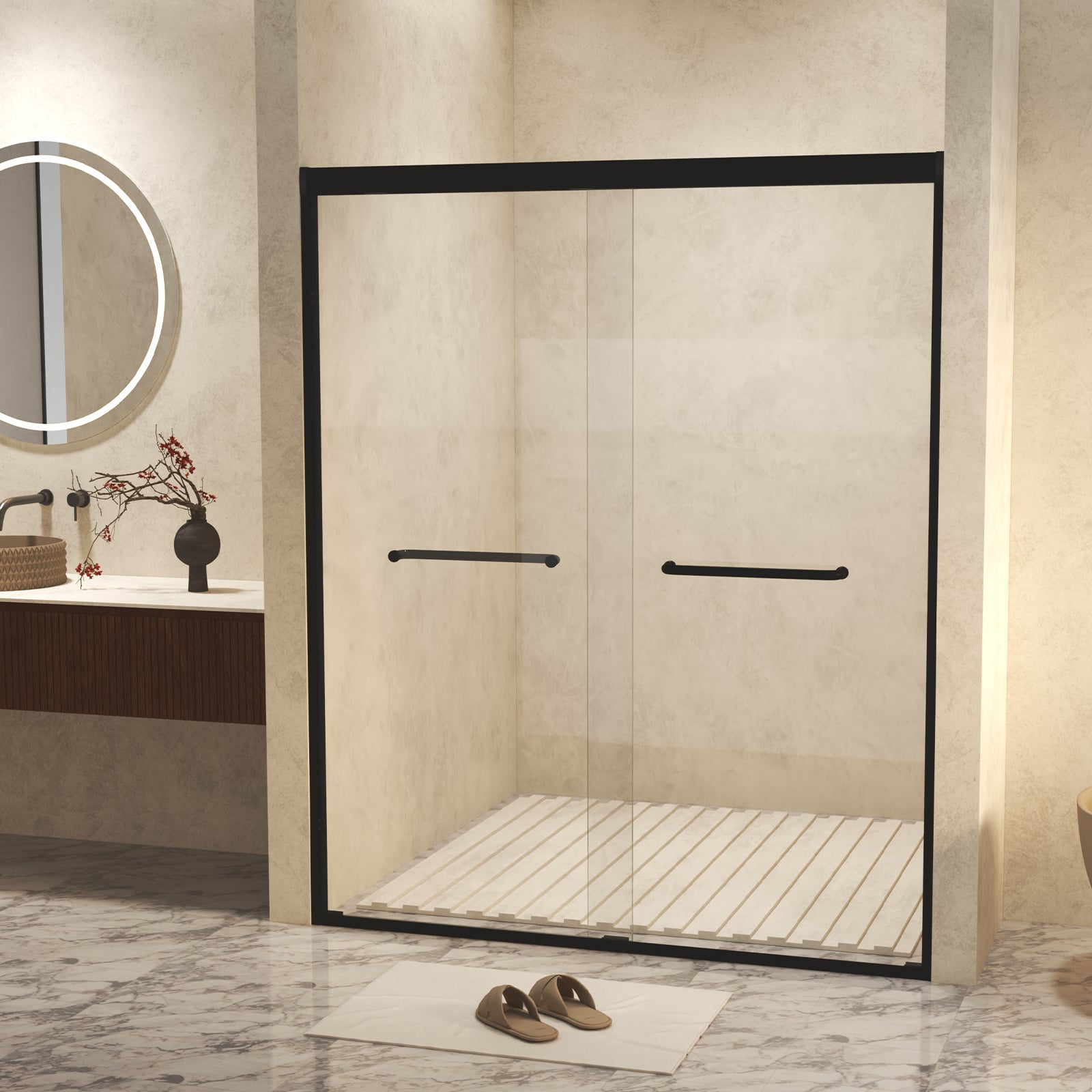 56-60" W x 72" H Double Sliding Shower Door with 6mm Tempered Glass, Safety Film, Matte Black Aluminum Frame & Stainless Steel Handle