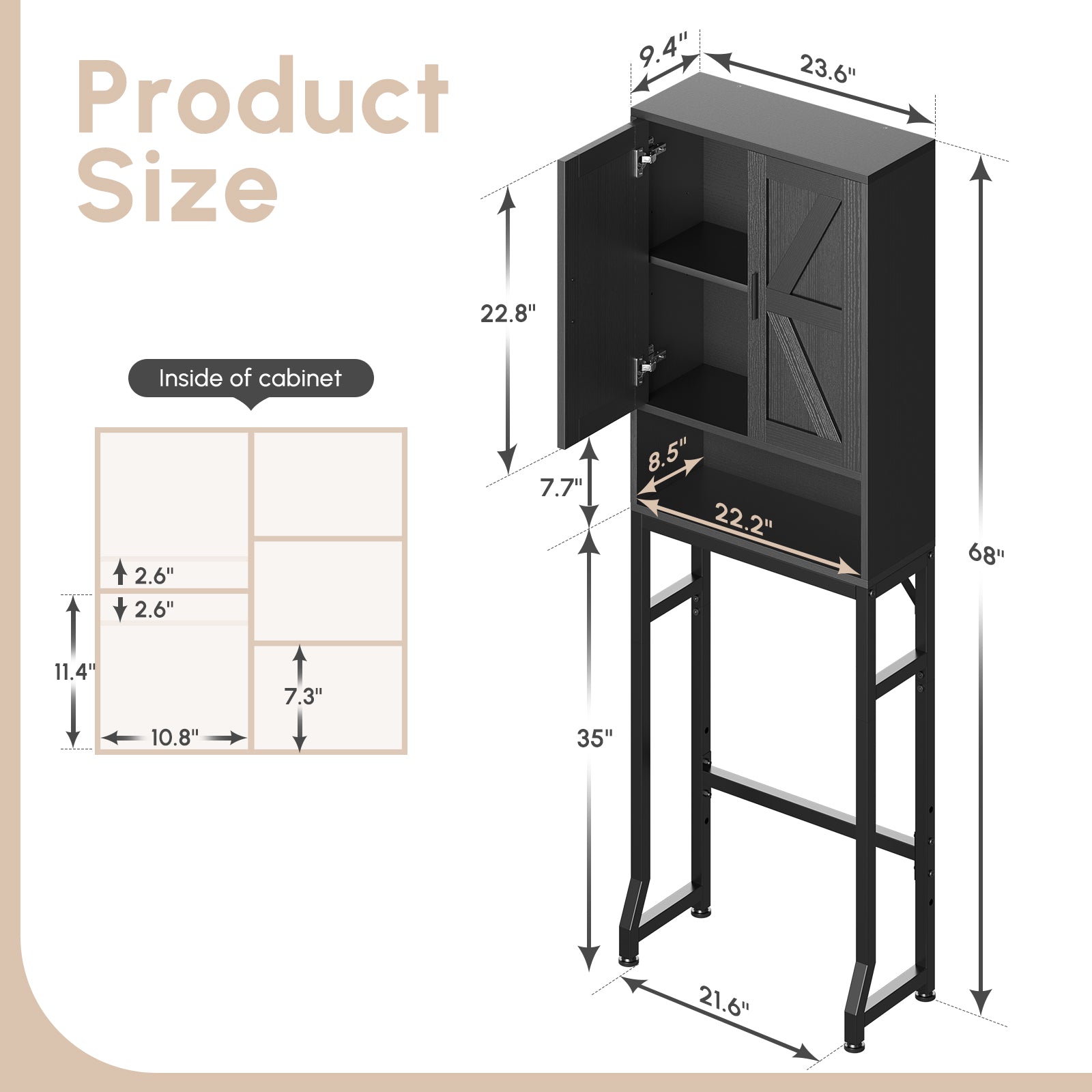 Black Over-the-Toilet Cabinet Fit for Most Standard Toilets, Bathroom Storage Shelf and Space Saver
