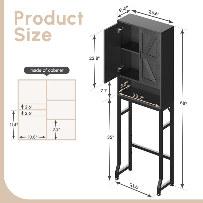 Black Over-the-Toilet Cabinet Fit for Most Standard Toilets, Bathroom Storage Shelf and Space Saver