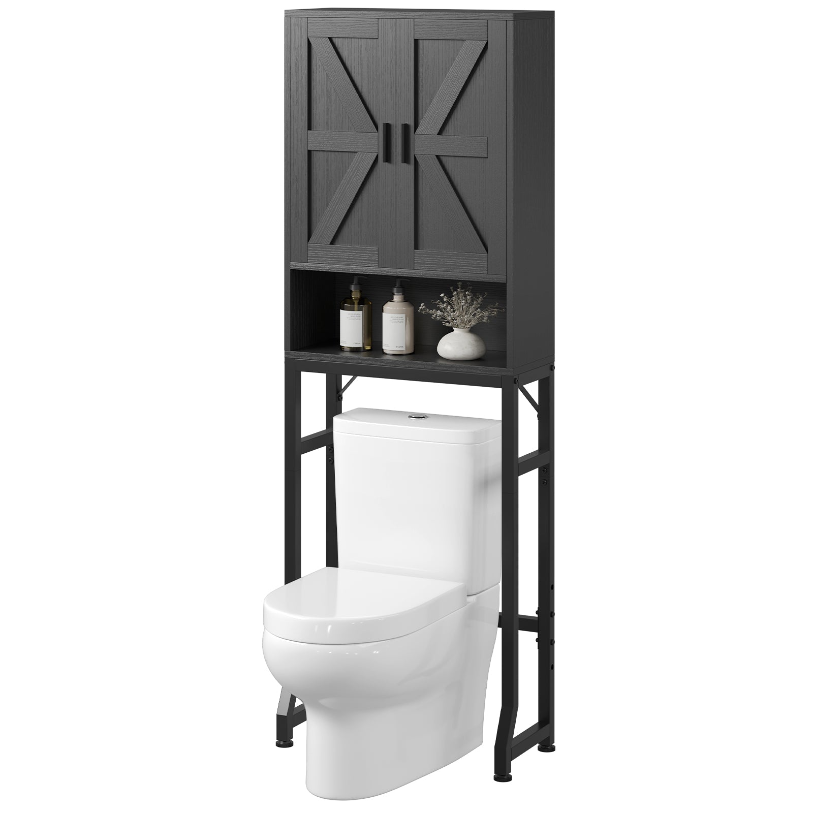 Black Over-the-Toilet Bathroom Organizer with Barn Door Modern Farmhouse Style Sleek Toilet Storage Rack for Small Bathrooms