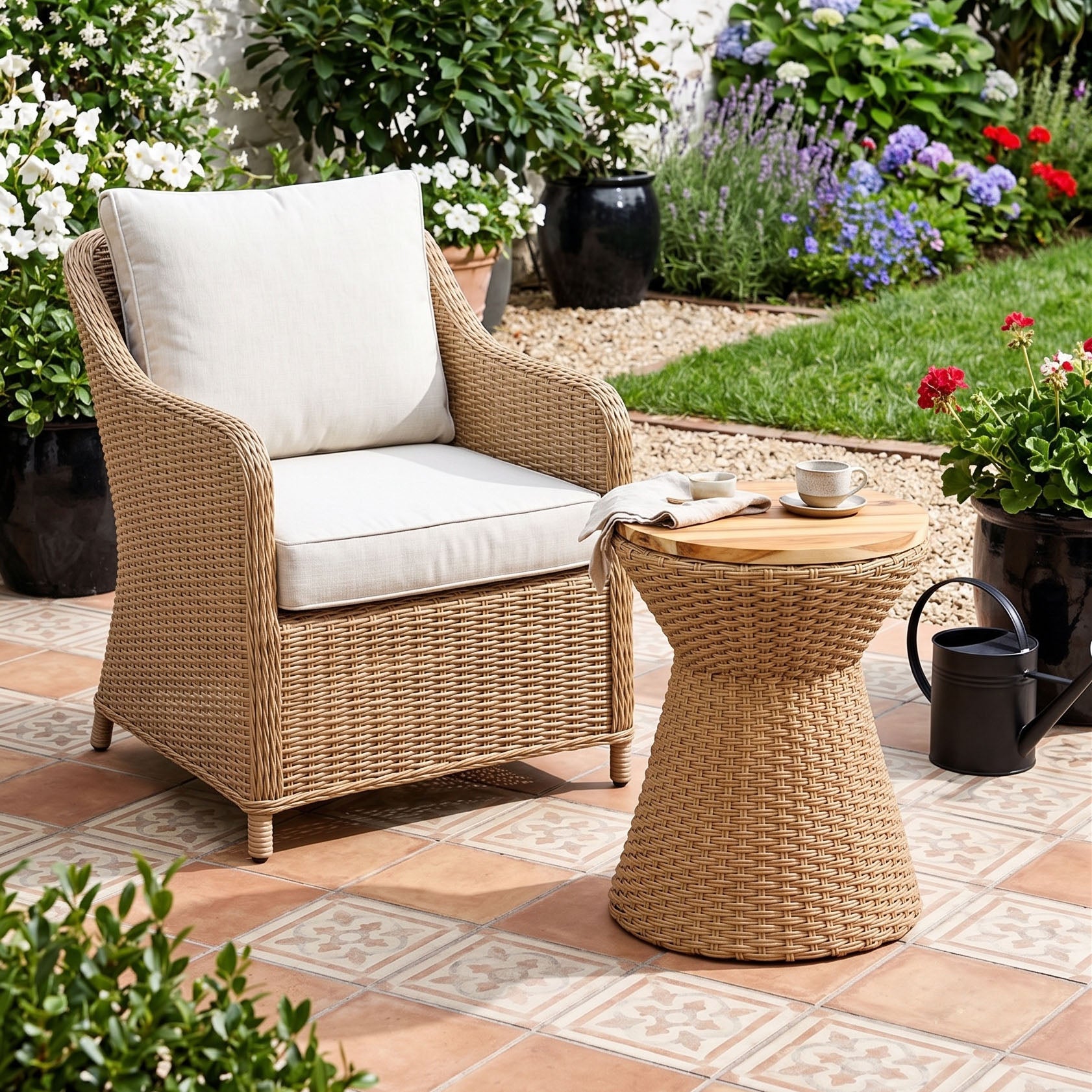 SOLHOME Natural Rattan Side Table with Wood Lid – Wicker Accent Stool with Steel Frame for Indoor & Outdoor Spaces, 14.2"