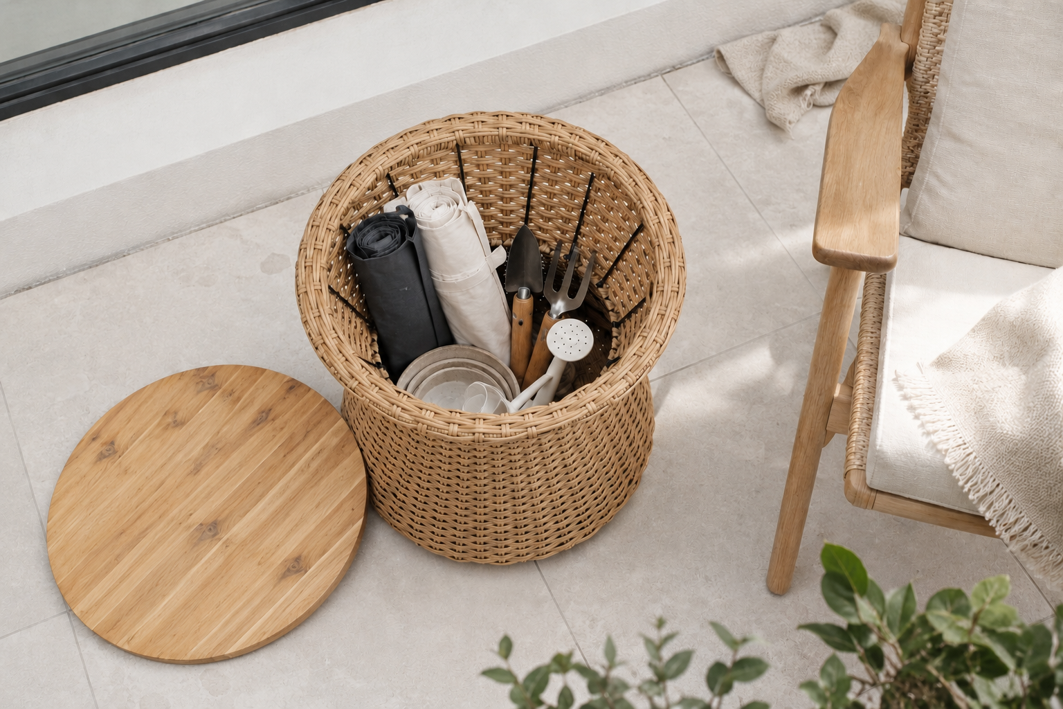 SOLHOME Natural Rattan Side Table with Wood Lid – Wicker Accent Stool with Steel Frame for Indoor & Outdoor Spaces, 14.2"