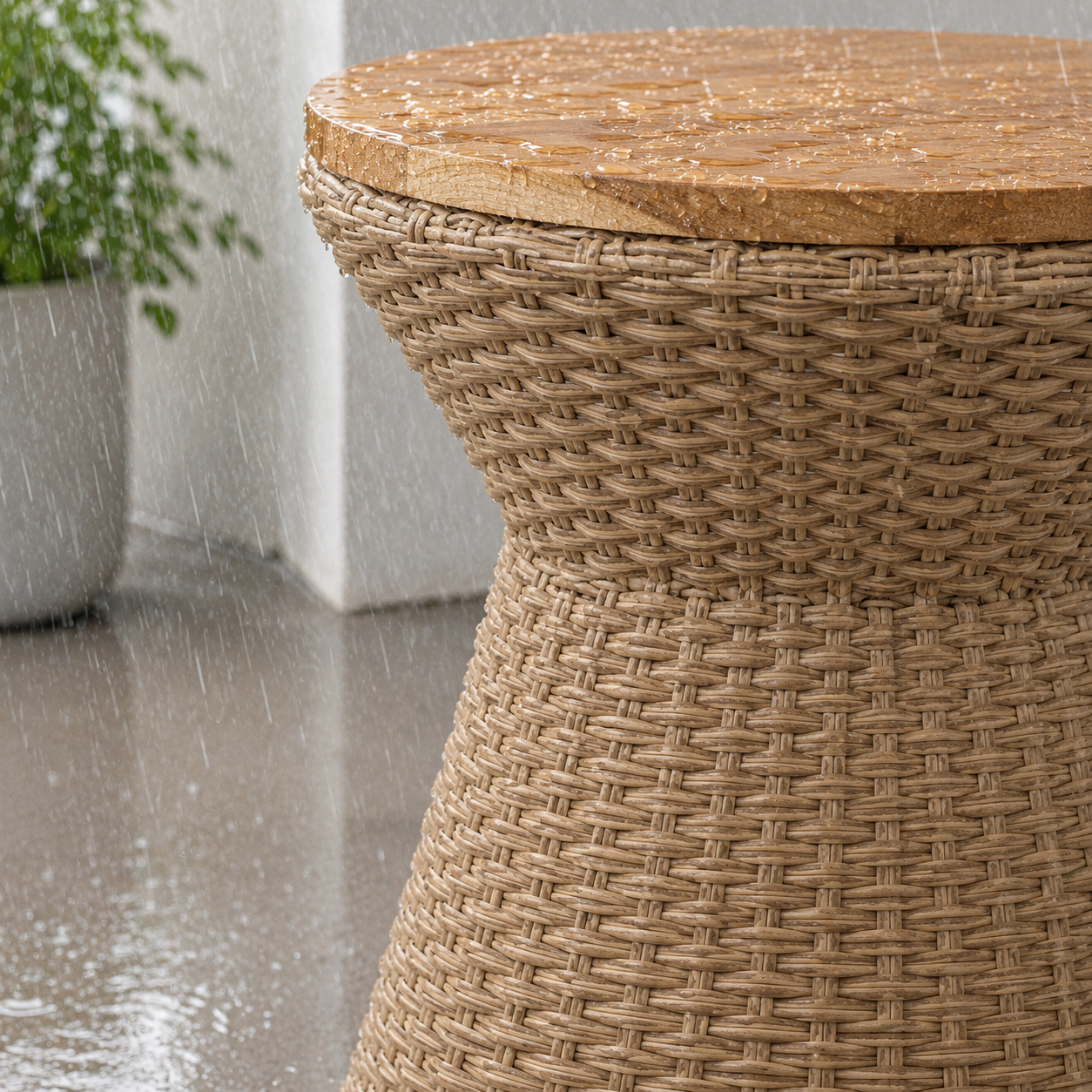 SOLHOME Natural Rattan Side Table with Wood Lid – Wicker Accent Stool with Steel Frame for Indoor & Outdoor Spaces, 14.2"