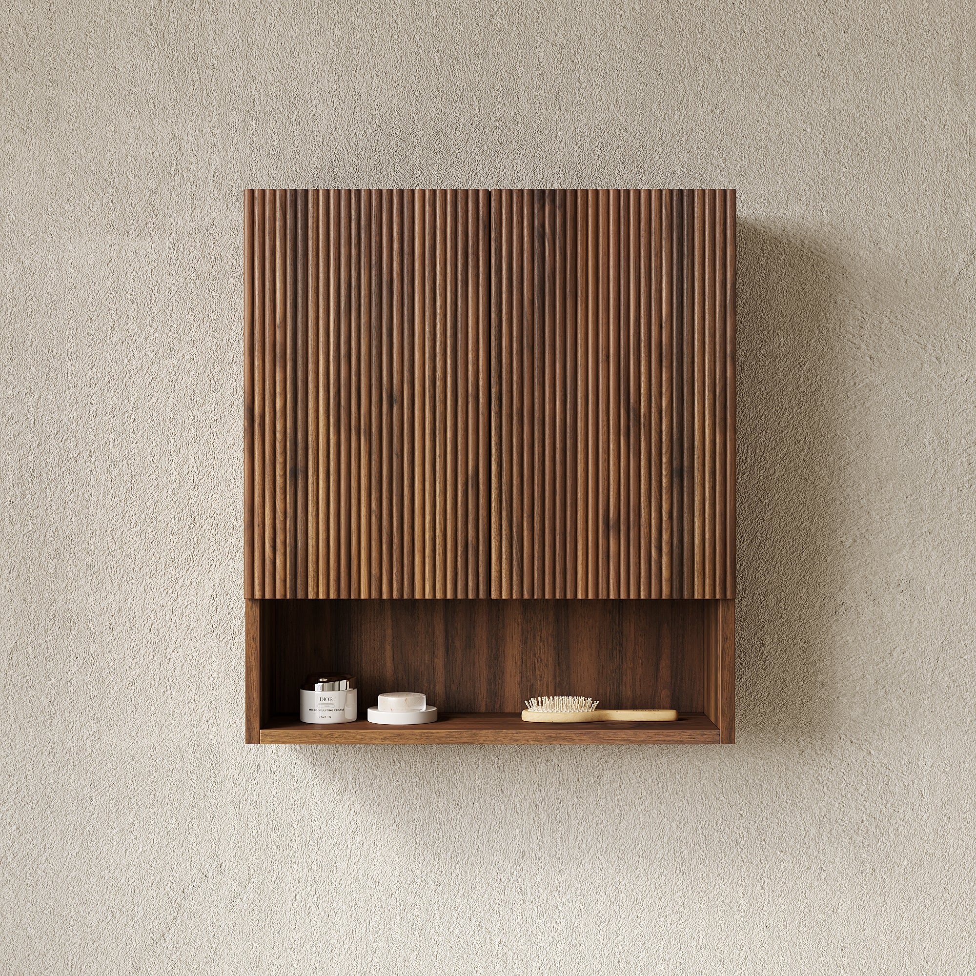TOBI 26" Wall-Mounted Striped Bathroom Cabinet, with Doors, Shelf and Open Storage Compartment Over The Toilet Storage Cabinet for Bathroom, Kitchen, Laundry Room, Dark Walnut Woodgrain Color