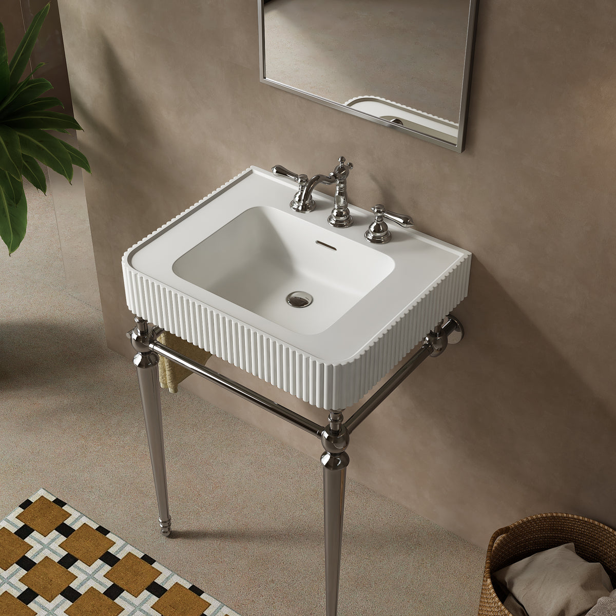 VICO 24" Freestanding Bathroom Console Vanity with White Solid Surface Integrated Sink, Silver Stainless Steel Support Legs and Towel Bar, 8" Widespread 3-Hole Faucet Configuration, Faucet and Sink Drain Not Included