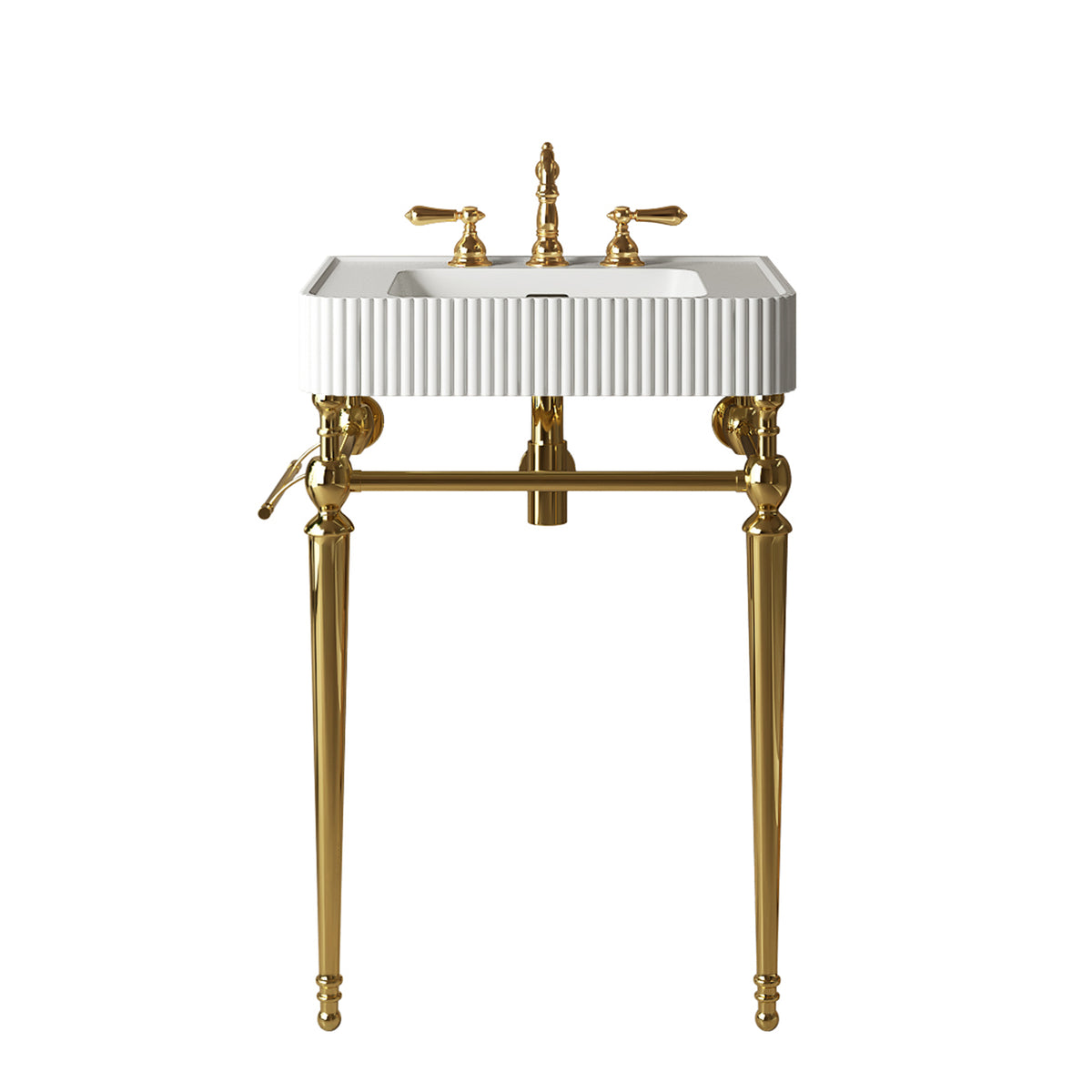 VICO 24" Freestanding Bathroom Console Vanity with White Solid Surface Integrated Sink, Gold Stainless Steel Support Legs and Towel Bar, 8" Widespread 3-Hole Faucet Configuration, Faucet and Sink Drain Not Included