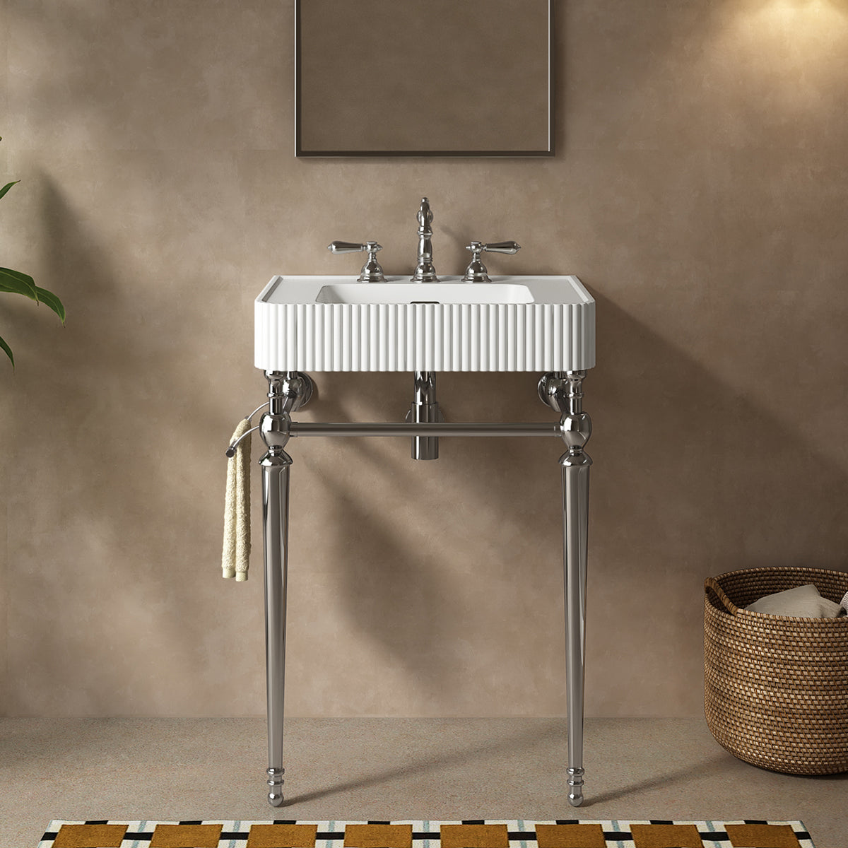 VICO 24" Freestanding Bathroom Console Vanity with White Solid Surface Integrated Sink, Silver Stainless Steel Support Legs and Towel Bar, 8" Widespread 3-Hole Faucet Configuration, Faucet and Sink Drain Not Included