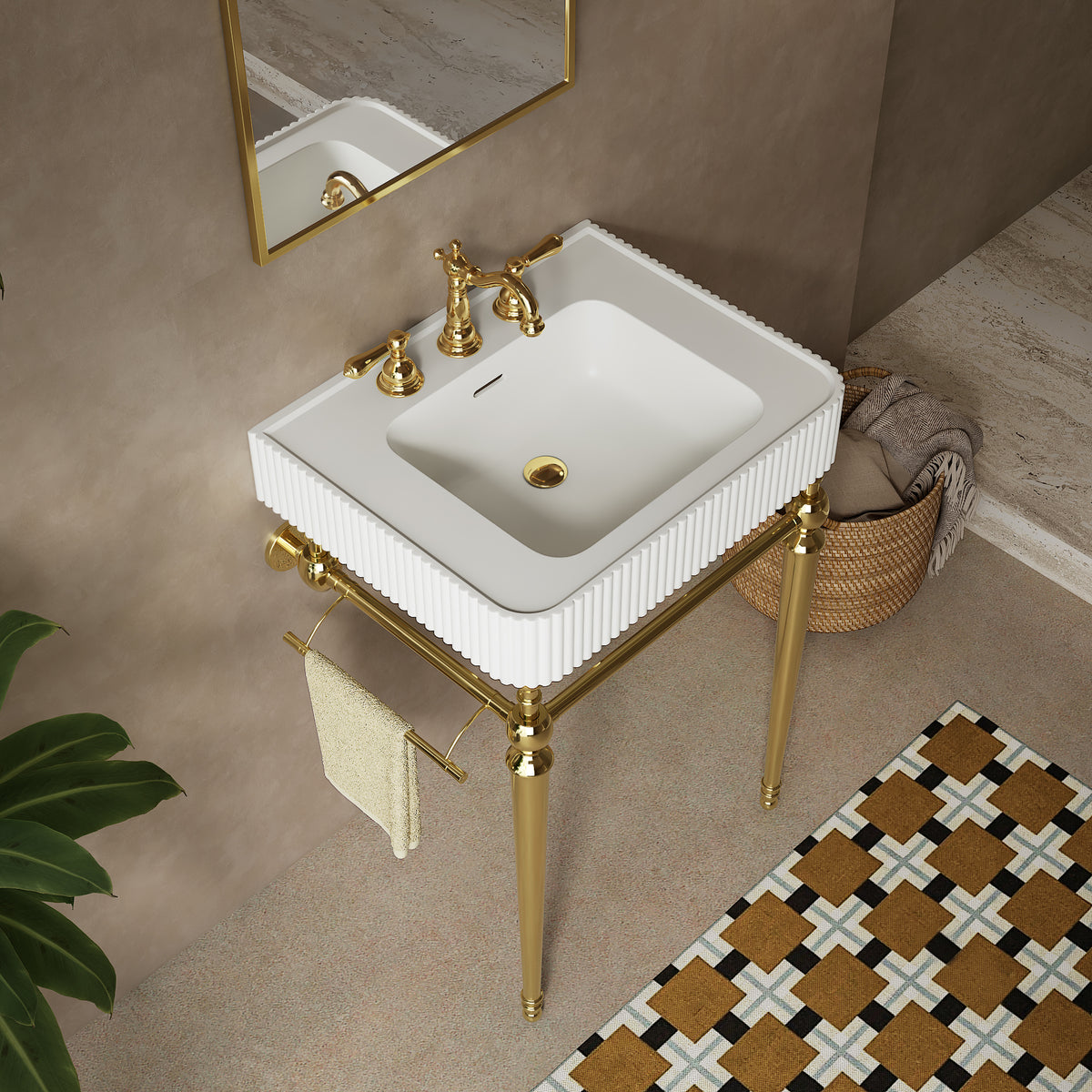 VICO 24" Freestanding Bathroom Console Vanity with White Solid Surface Integrated Sink, Gold Stainless Steel Support Legs and Towel Bar, 8" Widespread 3-Hole Faucet Configuration, Faucet and Sink Drain Not Included