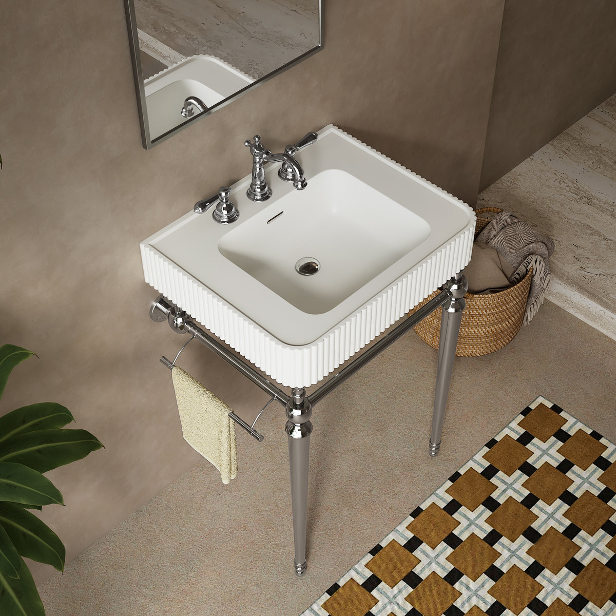 VICO 24" Freestanding Bathroom Console Vanity with White Solid Surface Integrated Sink, Silver Stainless Steel Support Legs and Towel Bar, 8" Widespread 3-Hole Faucet Configuration, Faucet and Sink Drain Not Included