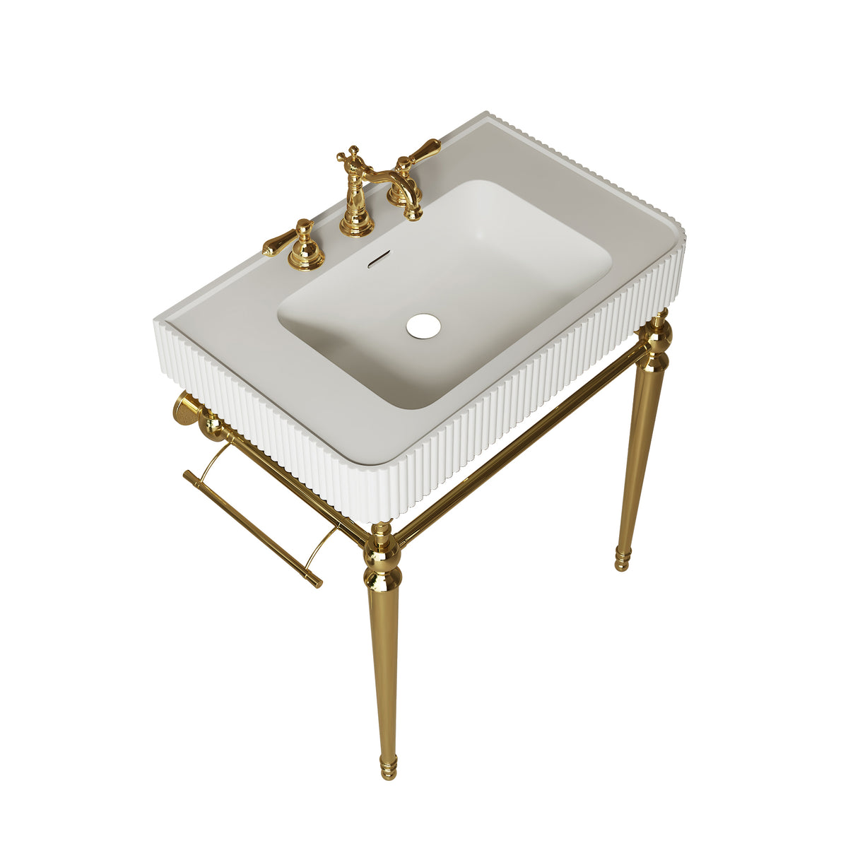 VICO 30" Freestanding Bathroom Console Vanity with White Solid Surface Integrated Sink, Gold Stainless Steel Support Legs and Towel Bar, 8" Widespread 3-Hole Faucet Configuration, Faucet and Sink Drain Not Included