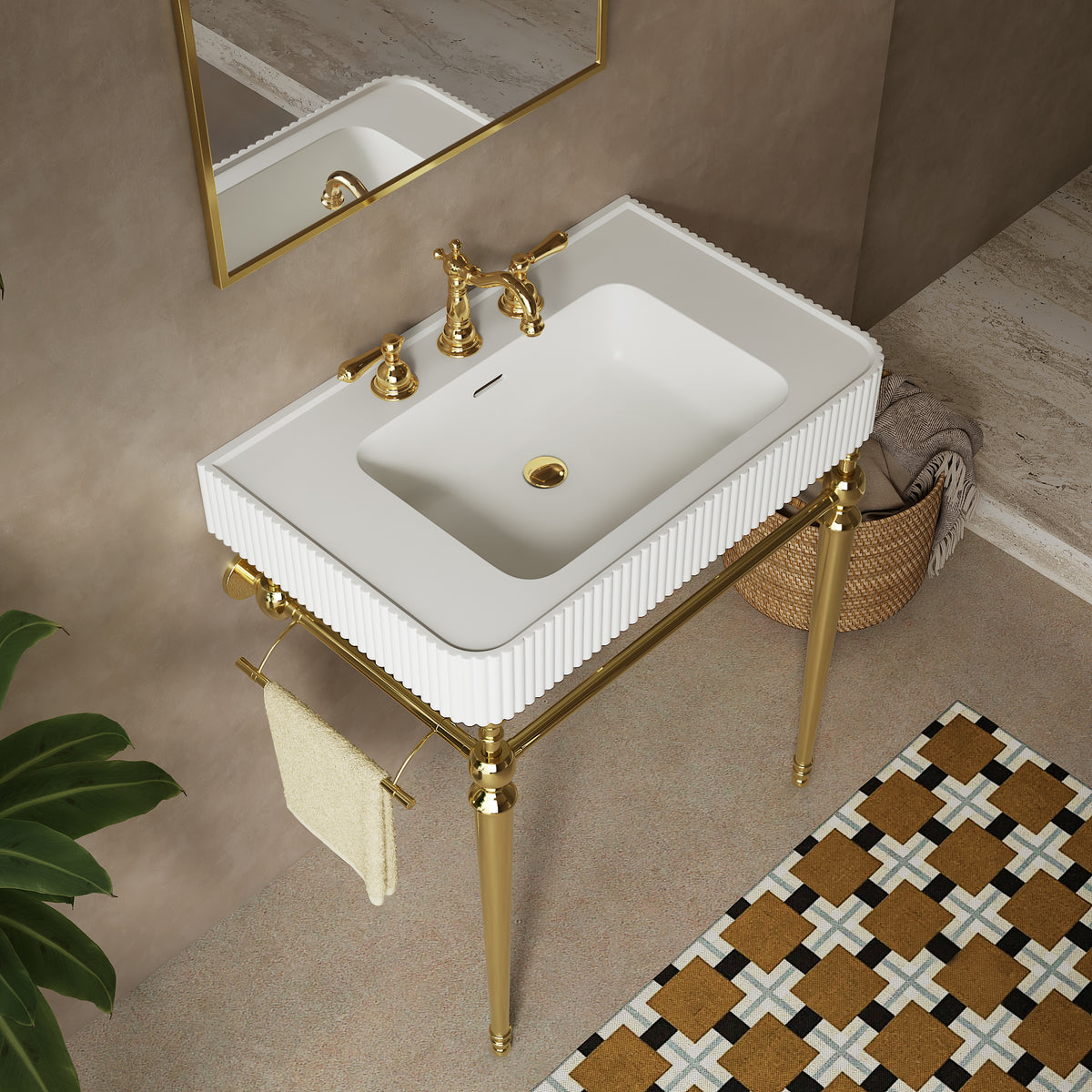 VICO 30" Freestanding Bathroom Console Vanity with White Solid Surface Integrated Sink, Gold Stainless Steel Support Legs and Towel Bar, 8" Widespread 3-Hole Faucet Configuration, Faucet and Sink Drain Not Included