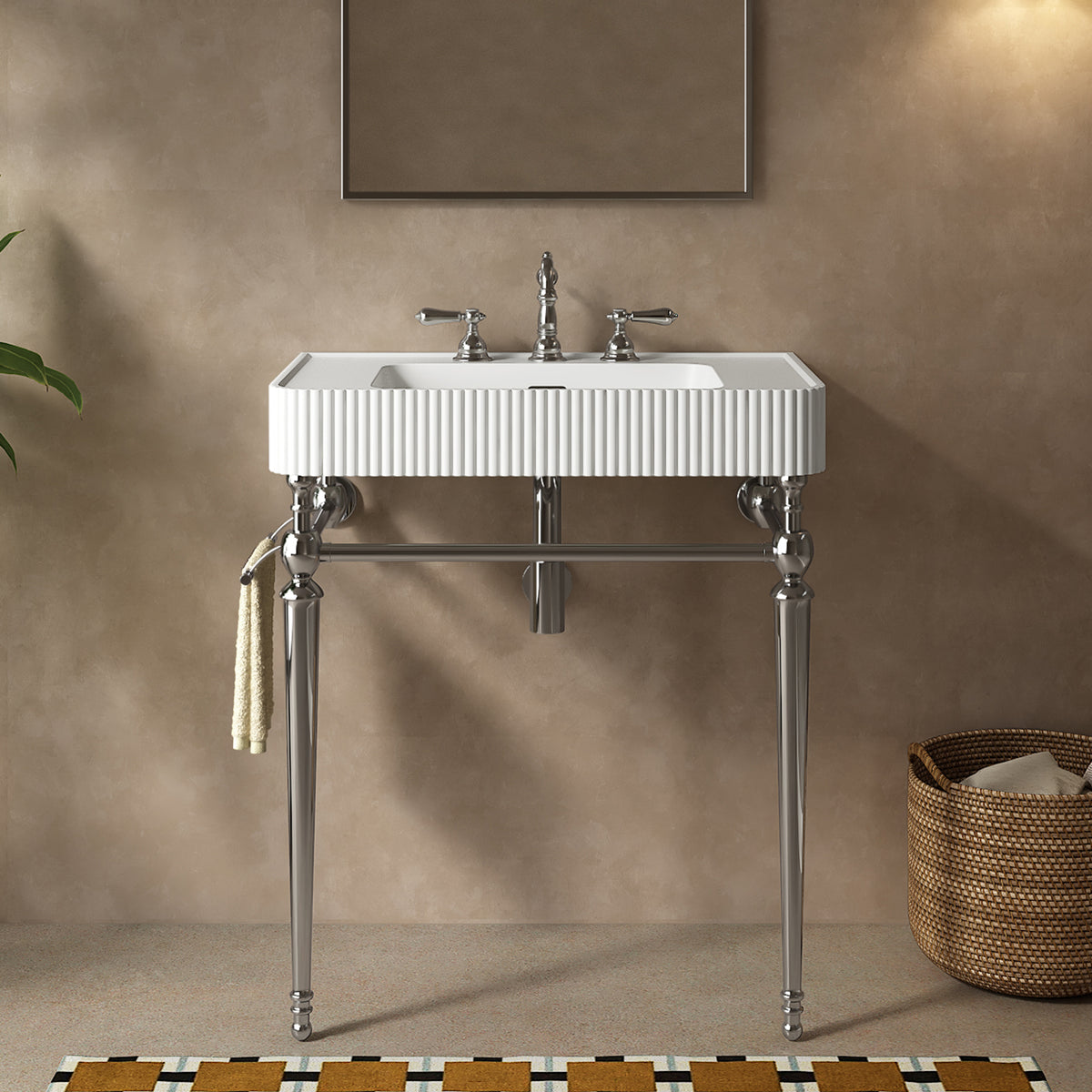 VICO 30" Freestanding Bathroom Console Vanity with White Solid Surface Integrated Sink, Silver Stainless Steel Support Legs and Towel Bar, 8" Widespread 3-Hole Faucet Configuration, Faucet and Sink Drain Not Included