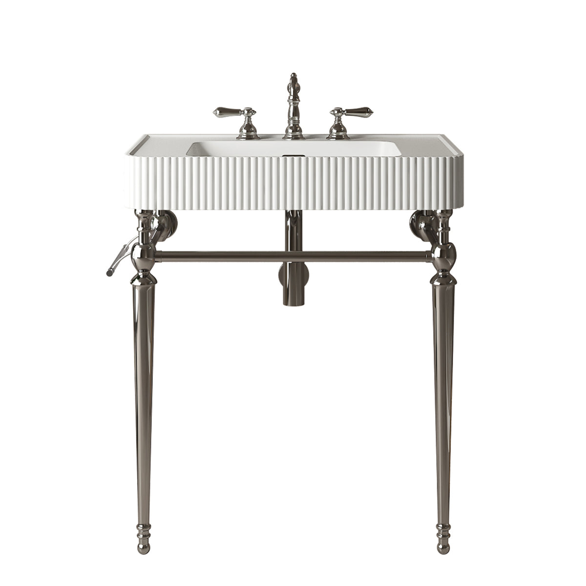 VICO 30" Freestanding Bathroom Console Vanity with White Solid Surface Integrated Sink, Silver Stainless Steel Support Legs and Towel Bar, 8" Widespread 3-Hole Faucet Configuration, Faucet and Sink Drain Not Included
