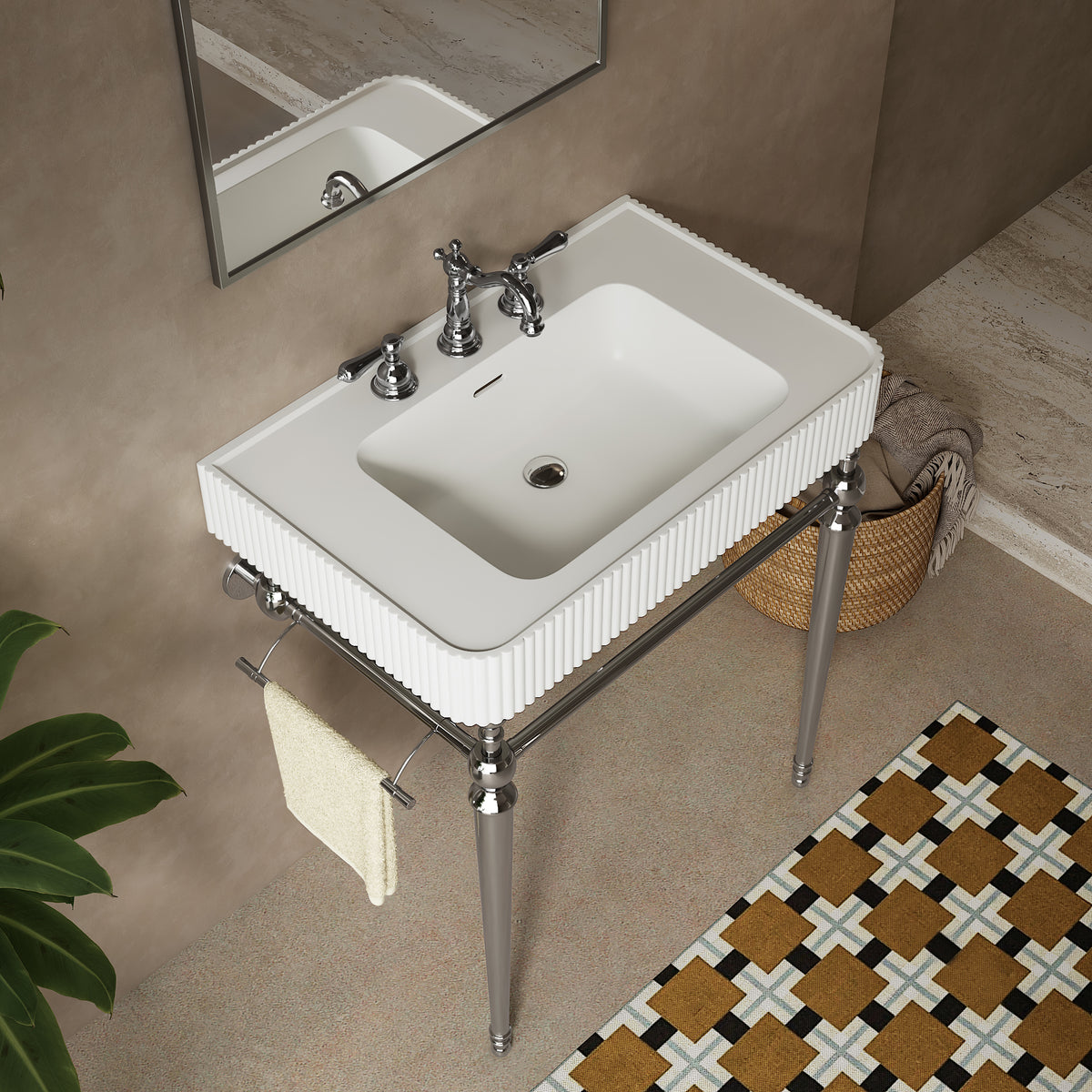 VICO 30" Freestanding Bathroom Console Vanity with White Solid Surface Integrated Sink, Silver Stainless Steel Support Legs and Towel Bar, 8" Widespread 3-Hole Faucet Configuration, Faucet and Sink Drain Not Included
