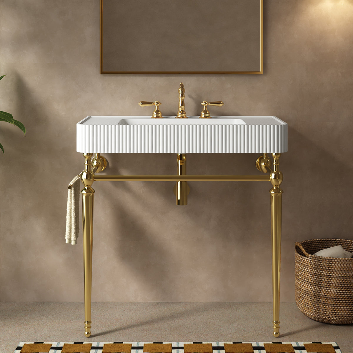 VICO 36" Freestanding Bathroom Console Vanity with White Solid Surface Integrated Sink, Gold Stainless Steel Support Legs and Towel Bar, 8" Widespread 3-Hole Faucet Configuration, Faucet and Sink Drain Not Included
