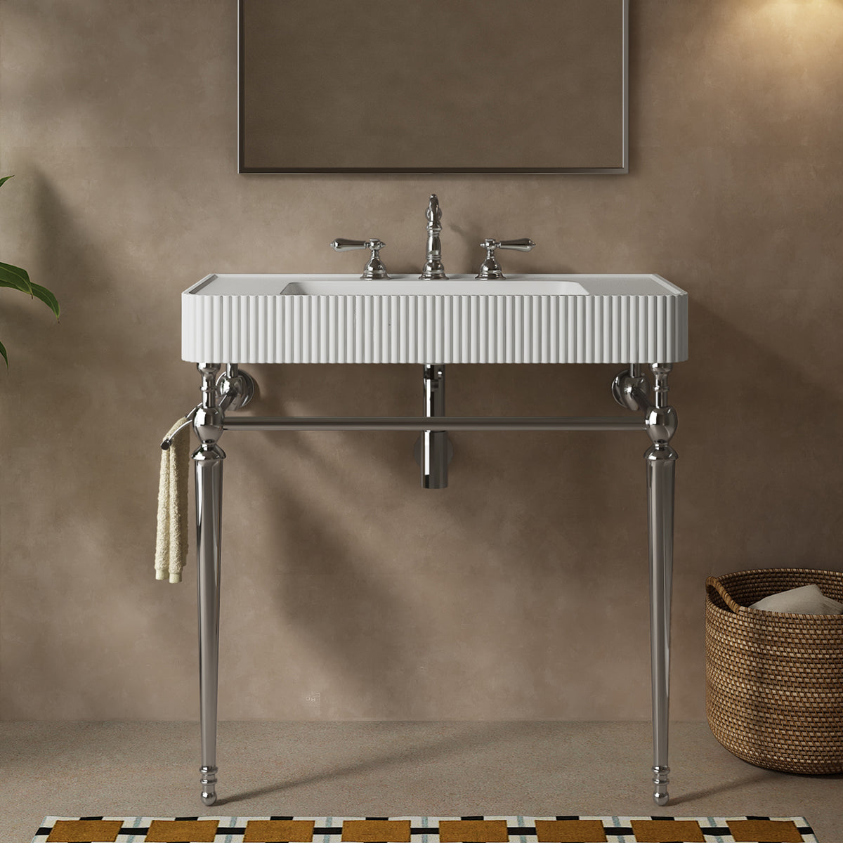 VICO 36" Freestanding Bathroom Console Vanity with White Solid Surface Integrated Sink, Silver Stainless Steel Support Legs and Towel Bar, 8" Widespread 3-Hole Faucet Configuration, Faucet and Sink Drain Not Included