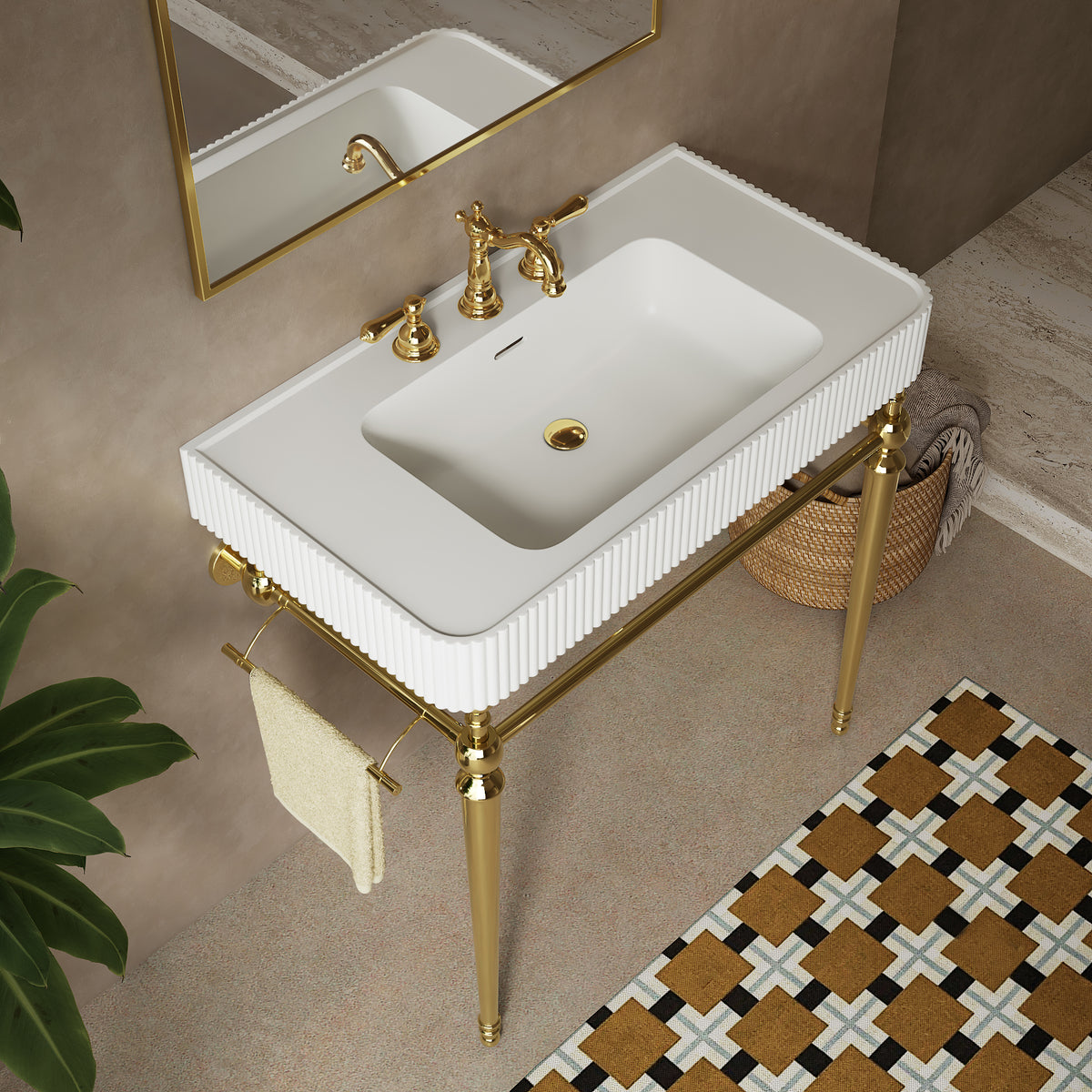 VICO 36" Freestanding Bathroom Console Vanity with White Solid Surface Integrated Sink, Gold Stainless Steel Support Legs and Towel Bar, 8" Widespread 3-Hole Faucet Configuration, Faucet and Sink Drain Not Included
