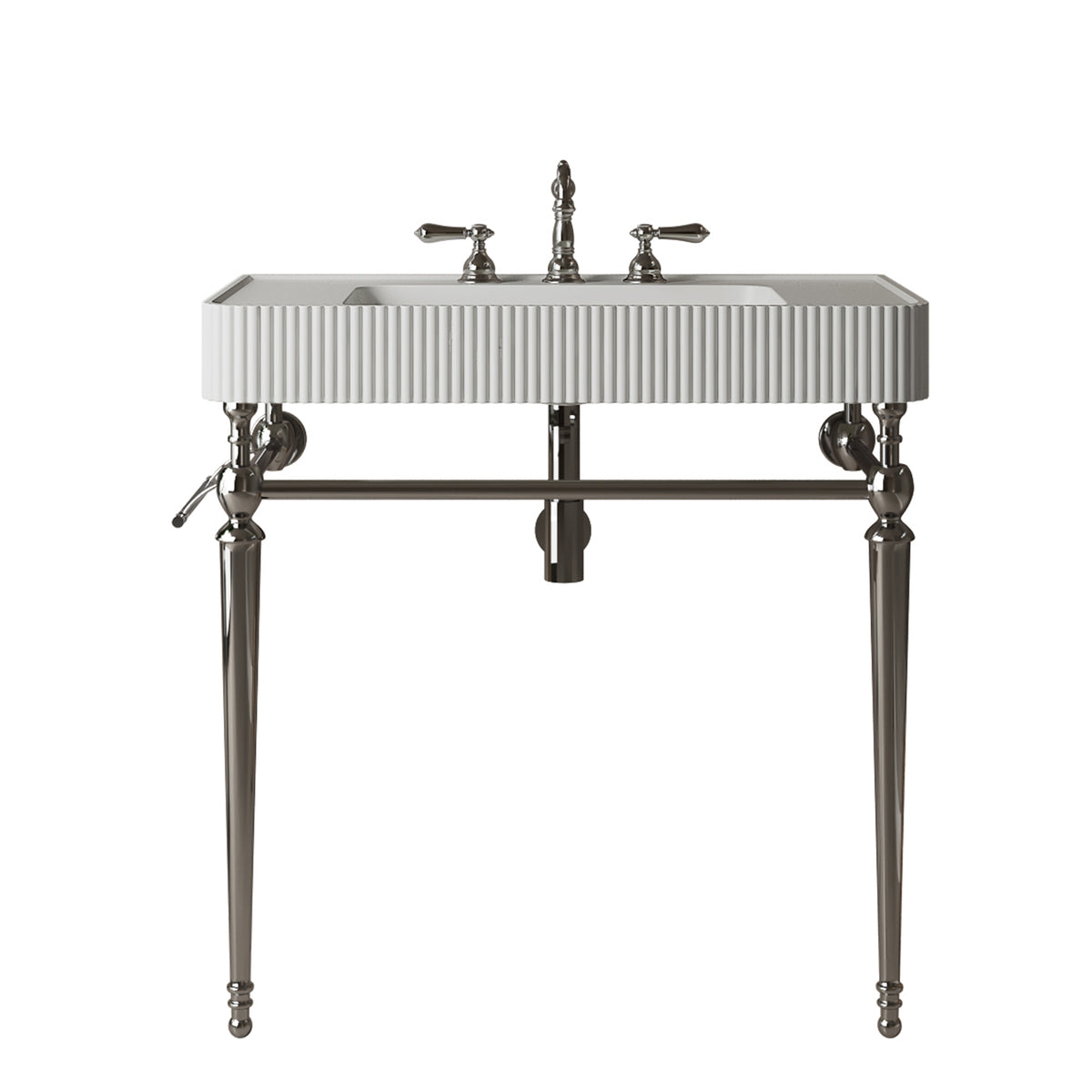 VICO 36" Freestanding Bathroom Console Vanity with White Solid Surface Integrated Sink, Silver Stainless Steel Support Legs and Towel Bar, 8" Widespread 3-Hole Faucet Configuration, Faucet and Sink Drain Not Included