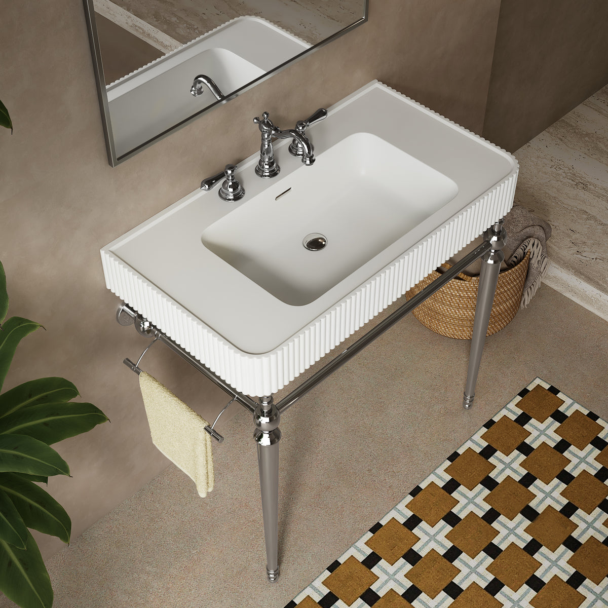 VICO 36" Freestanding Bathroom Console Vanity with White Solid Surface Integrated Sink, Silver Stainless Steel Support Legs and Towel Bar, 8" Widespread 3-Hole Faucet Configuration, Faucet and Sink Drain Not Included