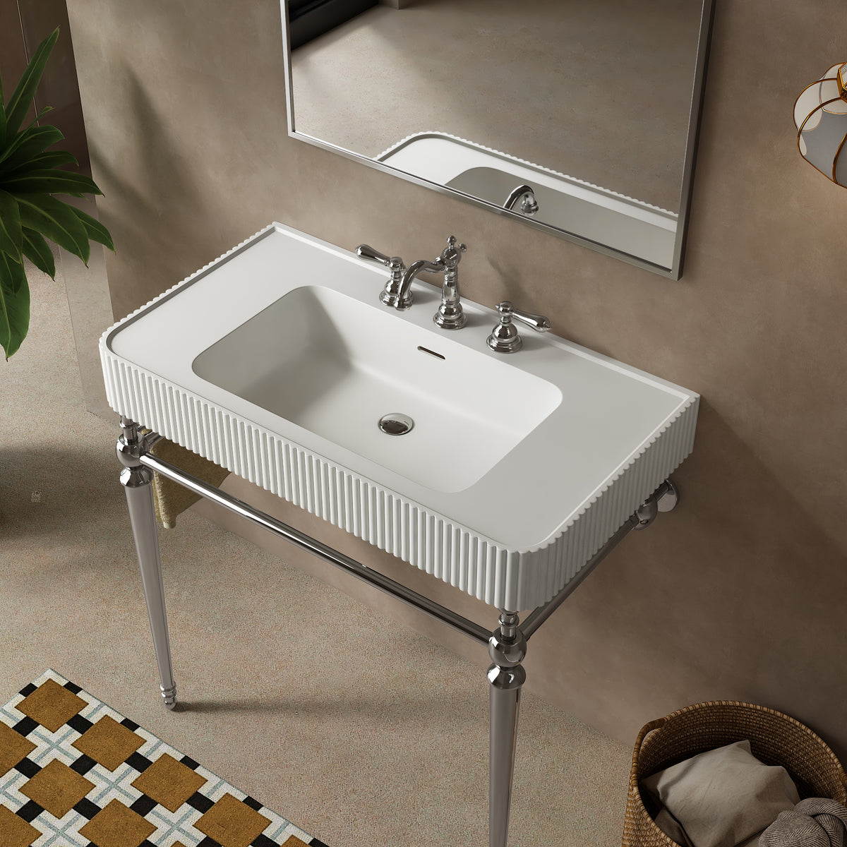 VICO 36" Freestanding Bathroom Console Vanity with White Solid Surface Integrated Sink, Silver Stainless Steel Support Legs and Towel Bar, 8" Widespread 3-Hole Faucet Configuration, Faucet and Sink Drain Not Included