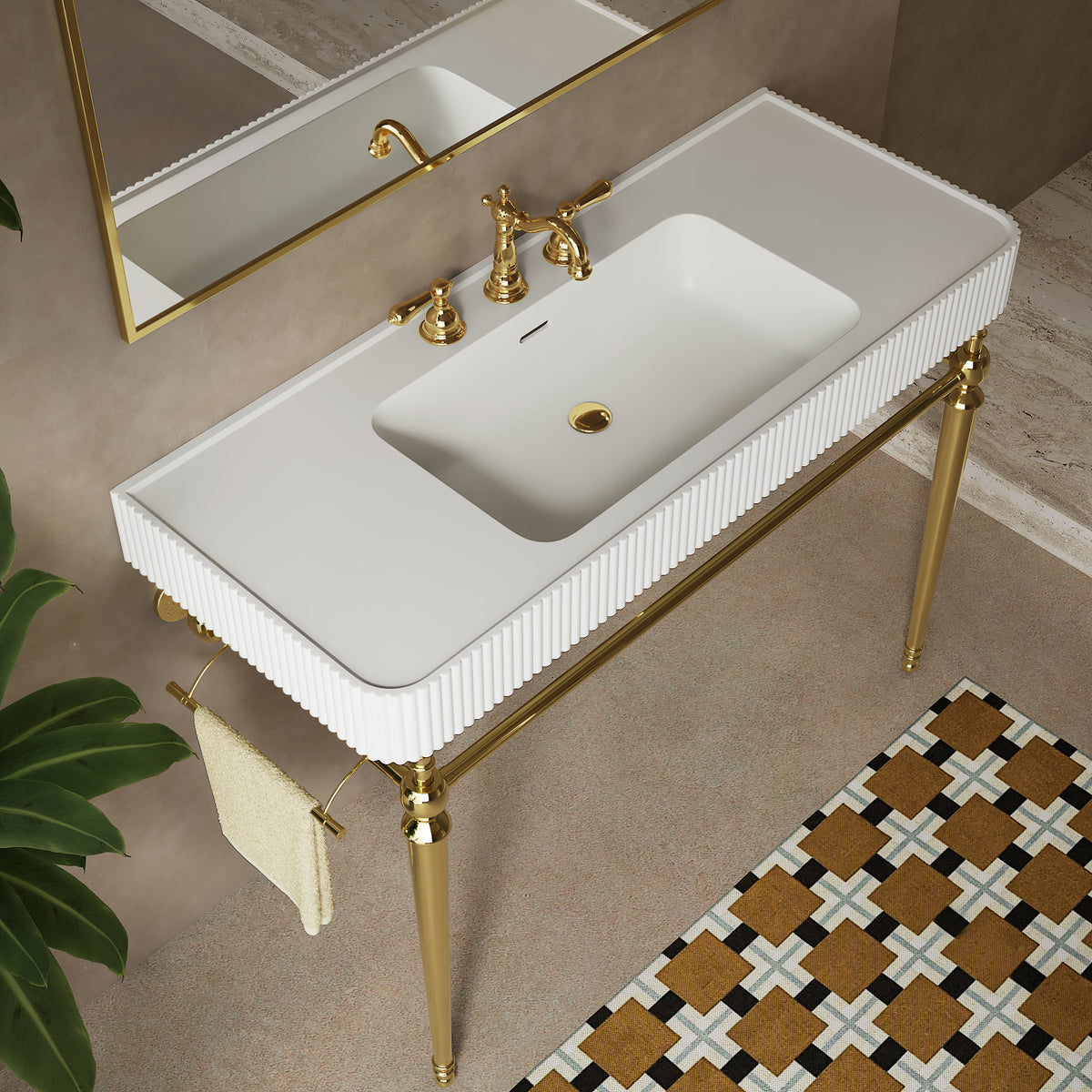 VICO 48" Freestanding Bathroom Console Vanity with White Solid Surface Integrated Sink, Gold Stainless Steel Support Legs and Towel Bar, 8" Widespread 3-Hole Faucet Configuration, Faucet and Sink Drain Not Included