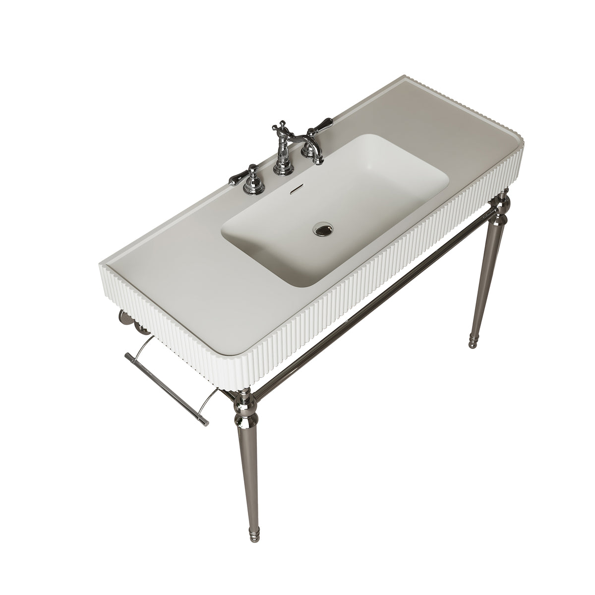 VICO 48" Freestanding Bathroom Console Vanity with White Solid Surface Integrated Sink, Silver Stainless Steel Support Legs and Towel Bar, 8" Widespread 3-Hole Faucet Configuration, Faucet and Sink Drain Not Included