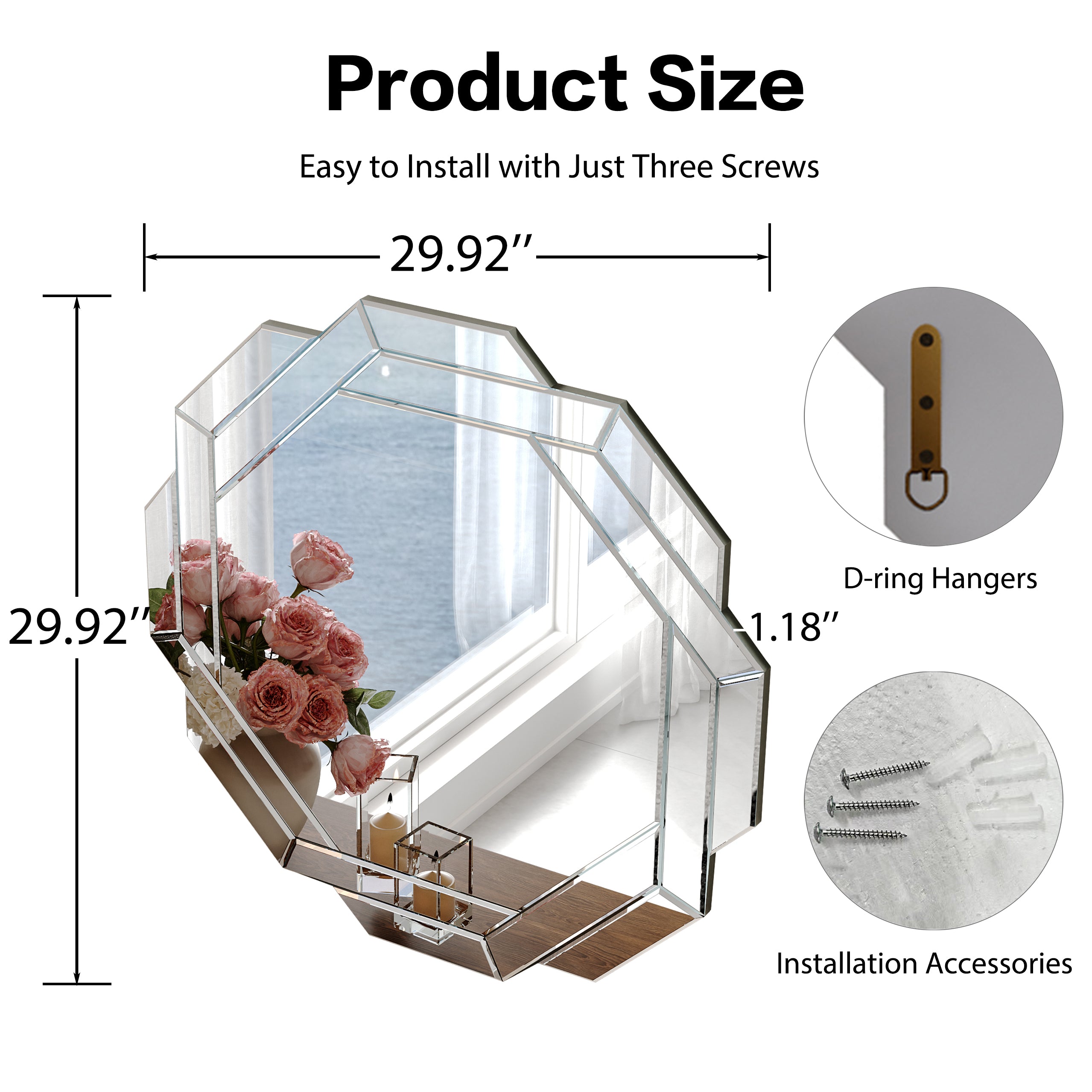 Octagonal Frameless Wall Mirror with Beveled Geometric Design, 29.92''