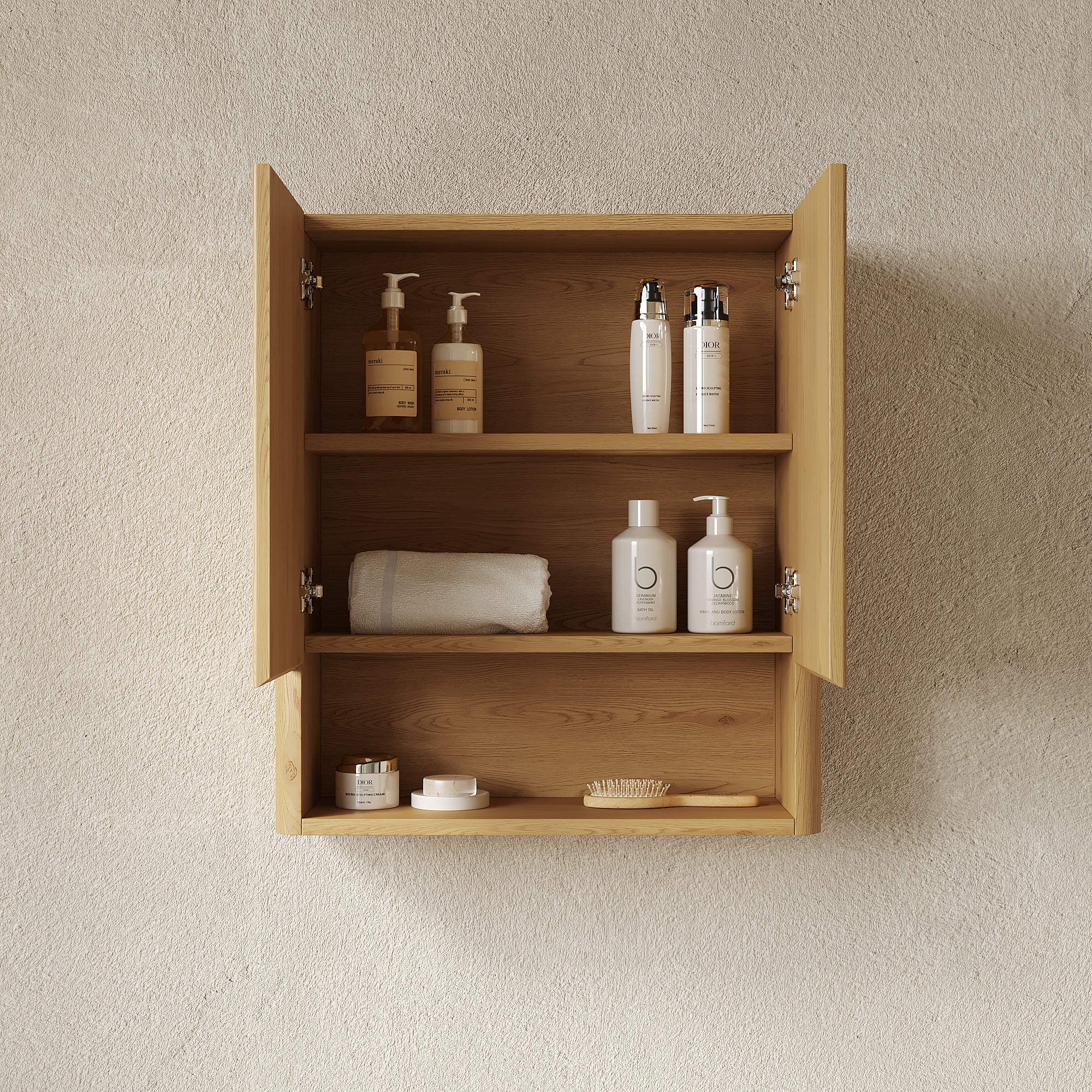 ZULA 26" Wall-Mounted Striped Bathroom Cabinet, with Doors, Shelf and Open Storage Compartment Over The Toilet Storage Cabinet for Bathroom, Kitchen, Laundry Room, Corolla Oak Woodgrain Color Finish
