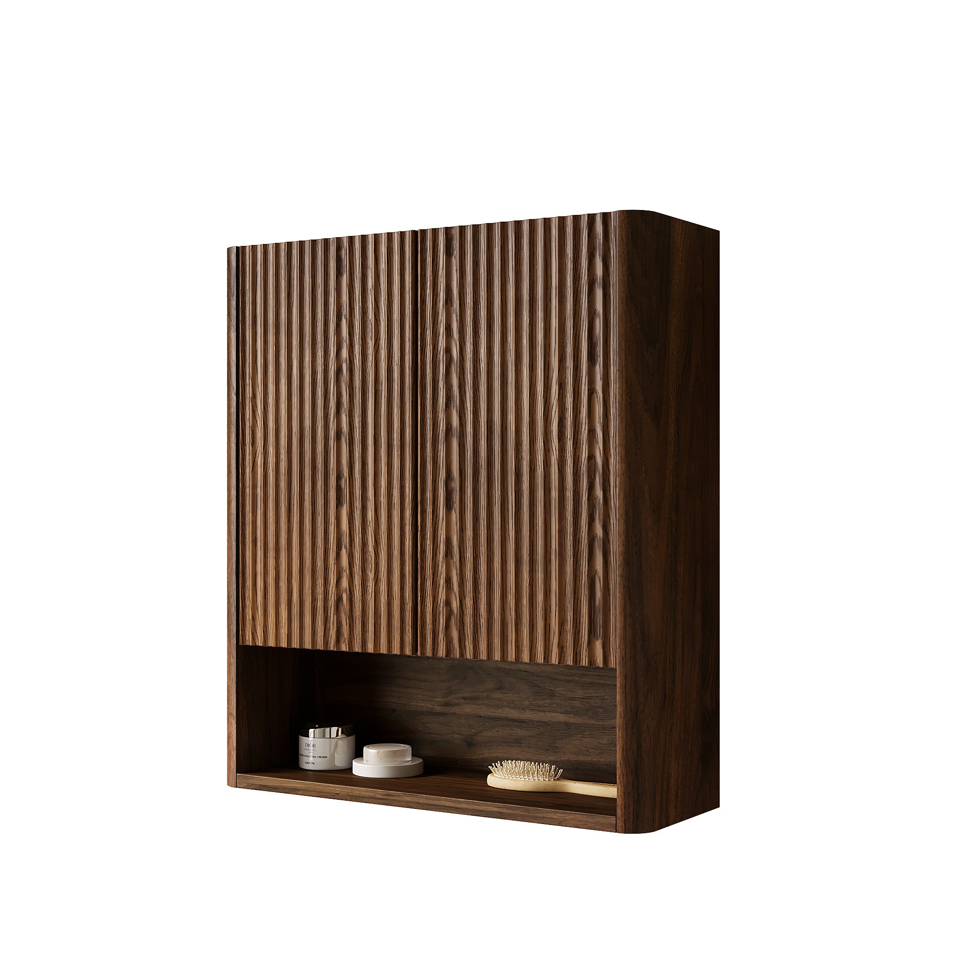 ZULA 26" Wall-Mounted Striped Bathroom Cabinet, with Doors, Shelf and Open Storage Compartment Over The Toilet Storage Cabinet for Bathroom, Kitchen, Laundry Room, Dark Walnut Woodgrain Color Finish