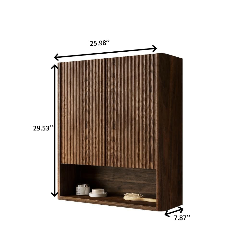 ZULA 26" Wall-Mounted Striped Bathroom Cabinet, with Doors, Shelf and Open Storage Compartment Over The Toilet Storage Cabinet for Bathroom, Kitchen, Laundry Room, Dark Walnut Woodgrain Color Finish