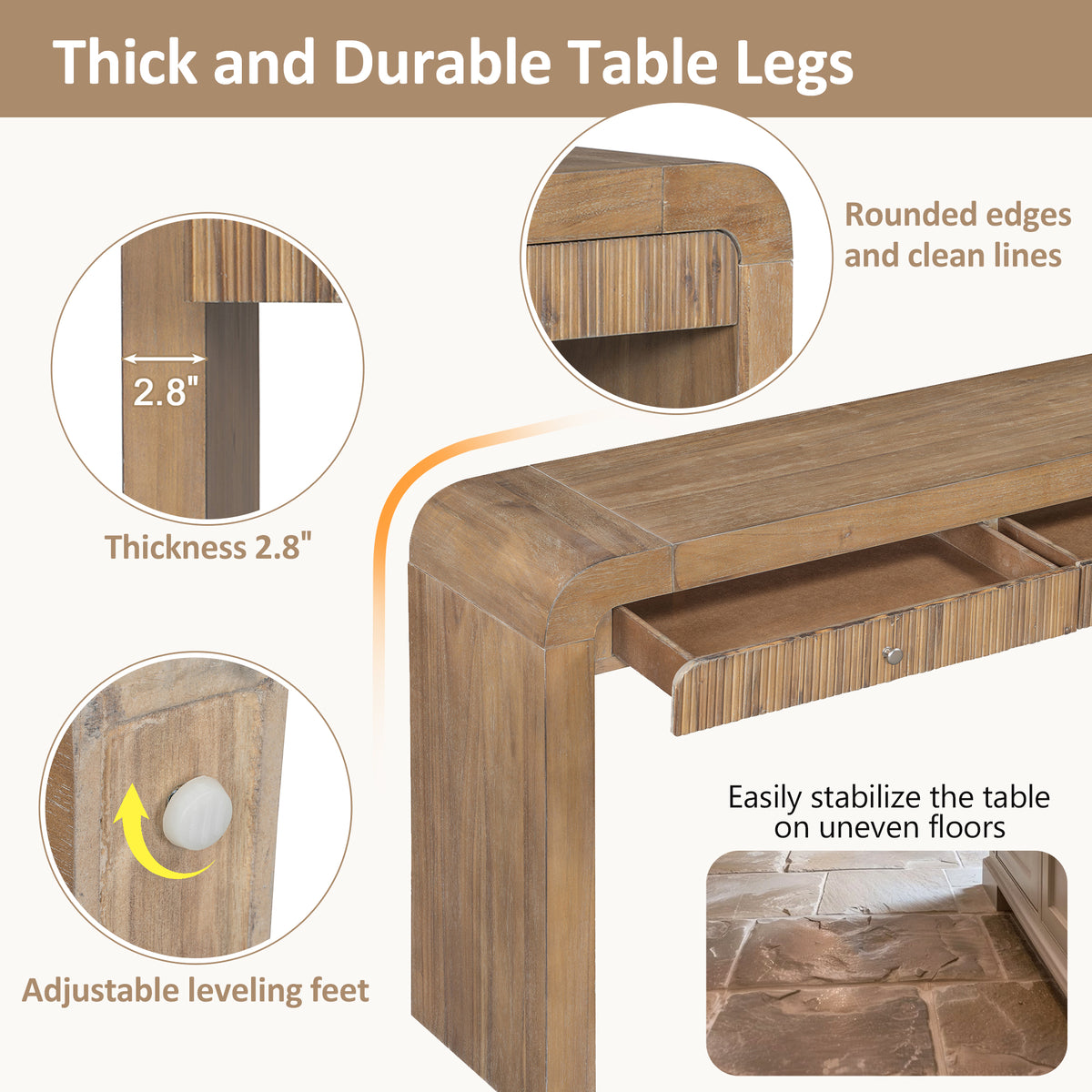 TREXM Rustic Fluted Console Table, Farmhouse Entryway Table with Curved Corners & Thick Legs, Sofa Table for Hallway & Living Room, Natural