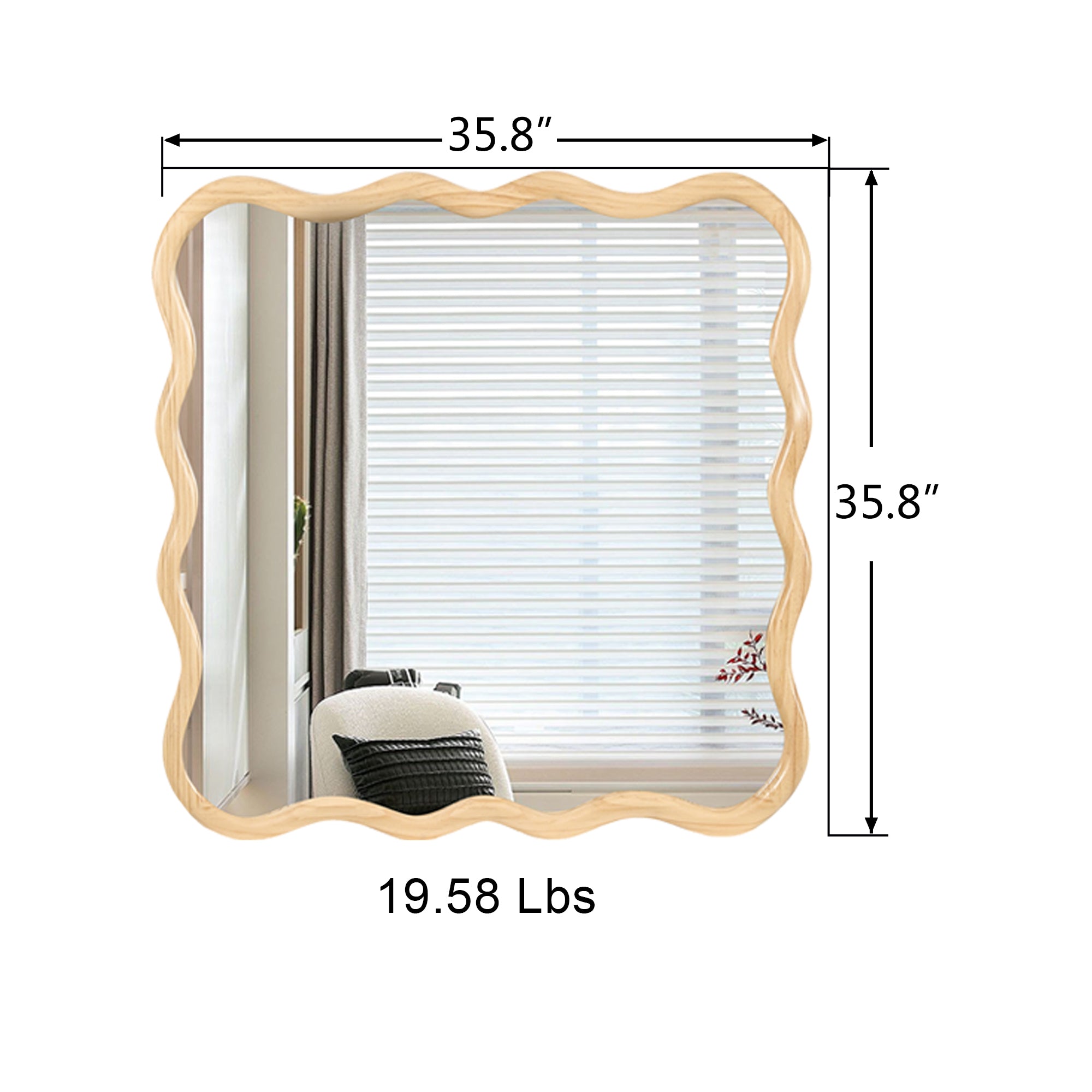 Wavy Square Natural Wood Beige Wall Mirror, Solid Wood, 35.8'' x 35.8''