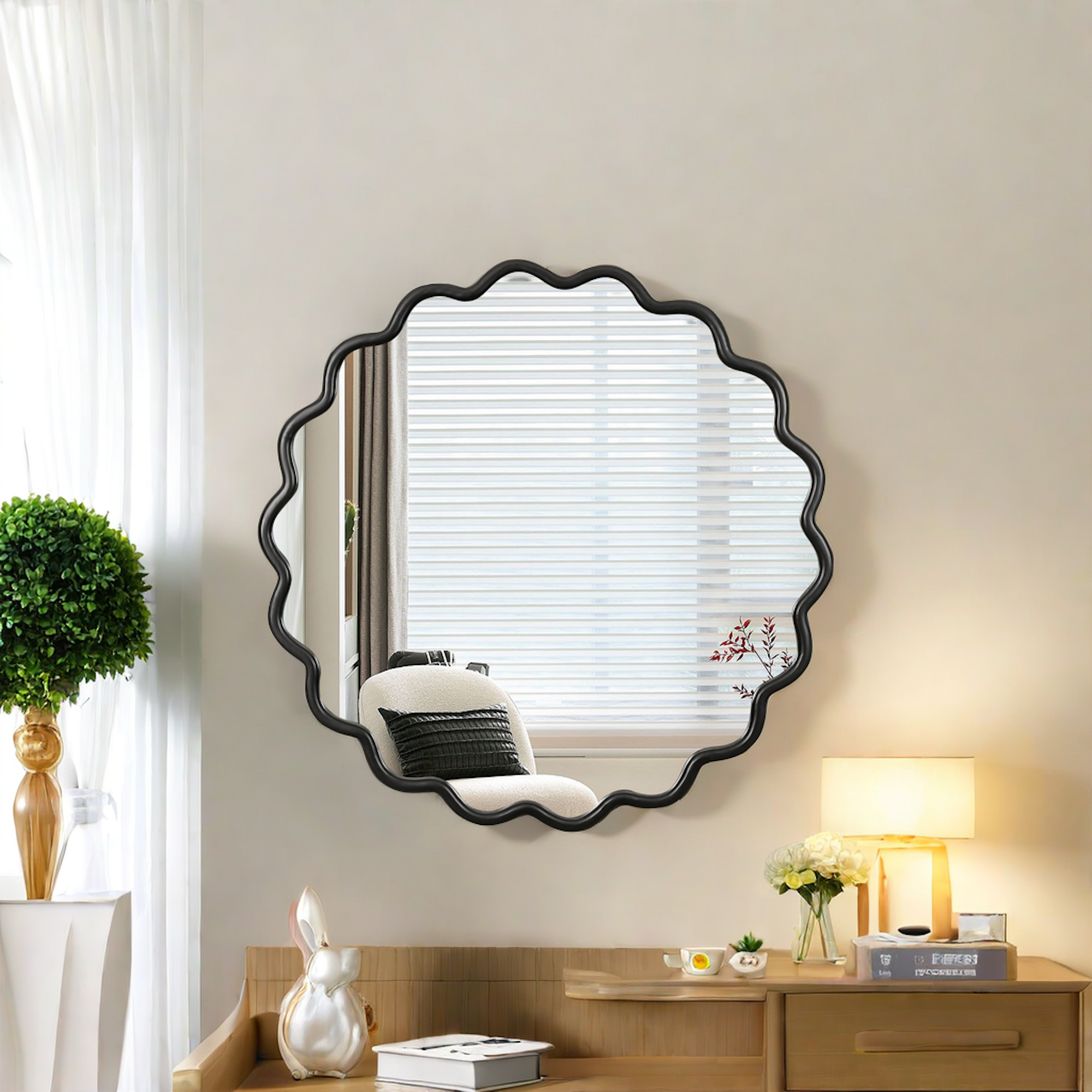 Wavy Round Black Wall Mirror, Solid Wood, 35.6'' Diameter