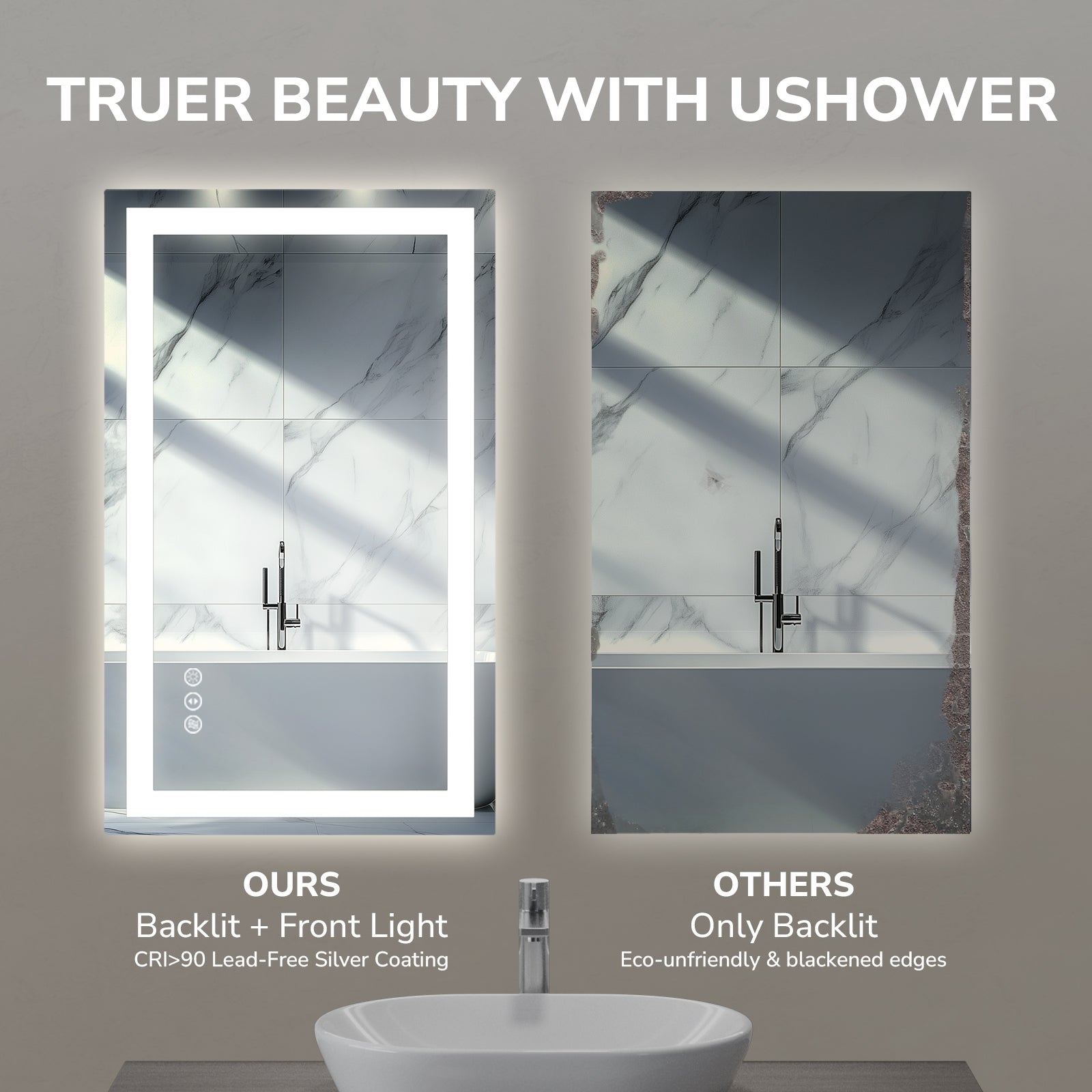 USHOWER Klara Series – 40'' x 24'' Rectangular LED Bathroom Mirror