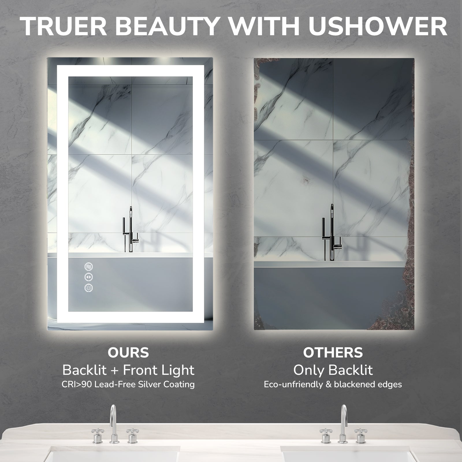 USHOWER Klara Series – 72'' x 36'' Rectangular LED Bathroom Mirror
