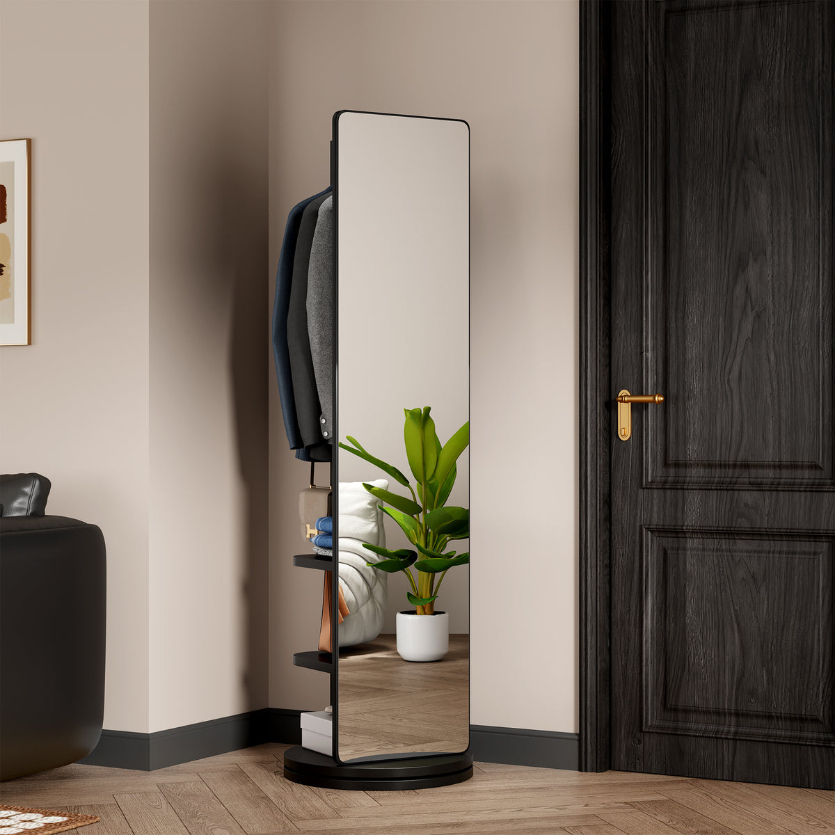Black 360° Rotating Full-Length Mirror, 69" x 20" Solid Wood Floor Mirror with Hooks and Storage Rack for Bedroom, Living Room & Entryway