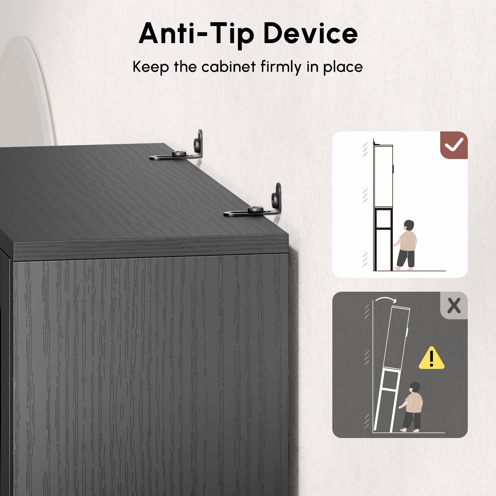 Black Over-the-Toilet Storage Cabinet with Anti-Tip Device, Wall Anchoring, Safe and Space-Saving Bathroom Organizer