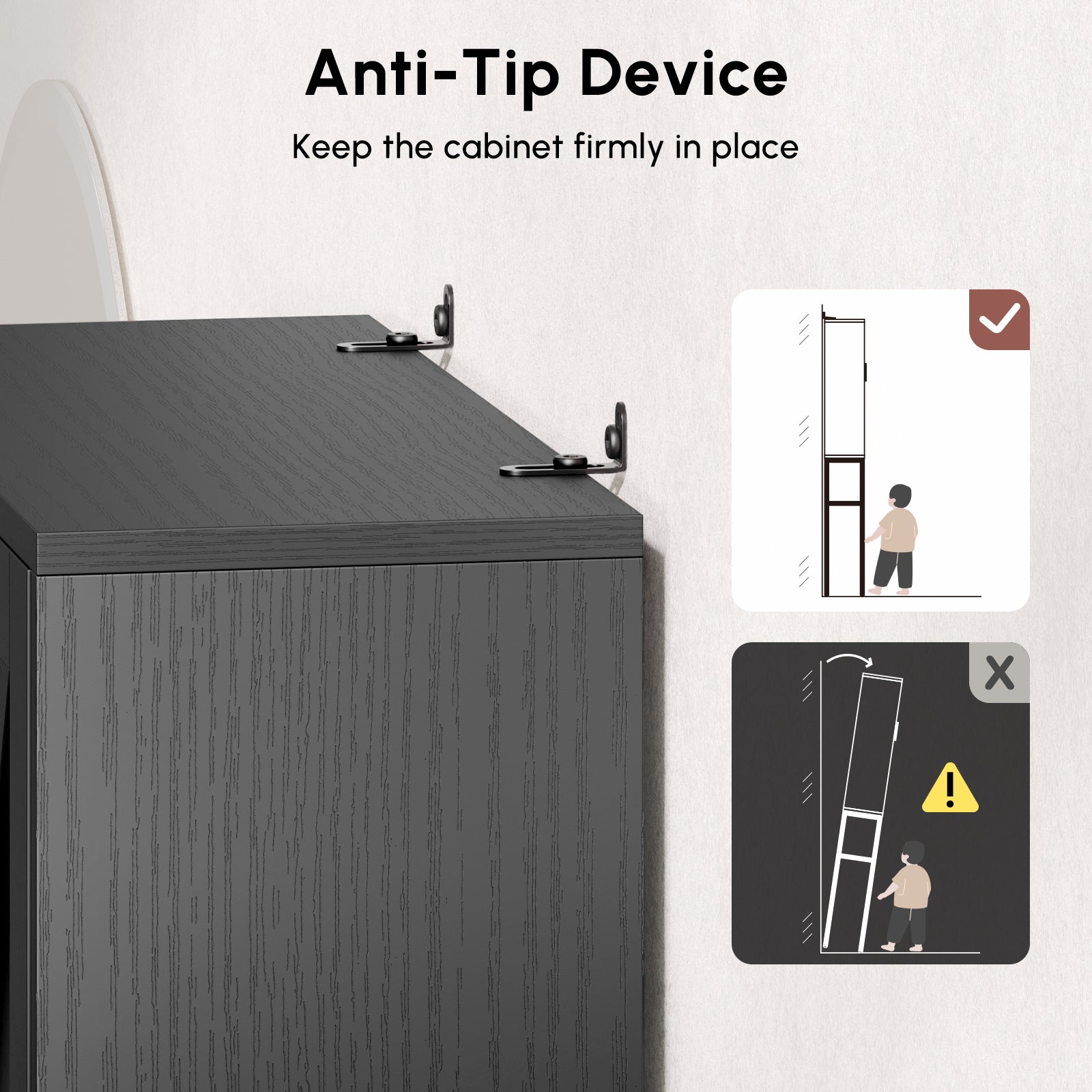 Black Over-the-Toilet Storage Cabinet with Anti-Tip Device, Wall Anchoring for Safety, Bathroom Space Saver