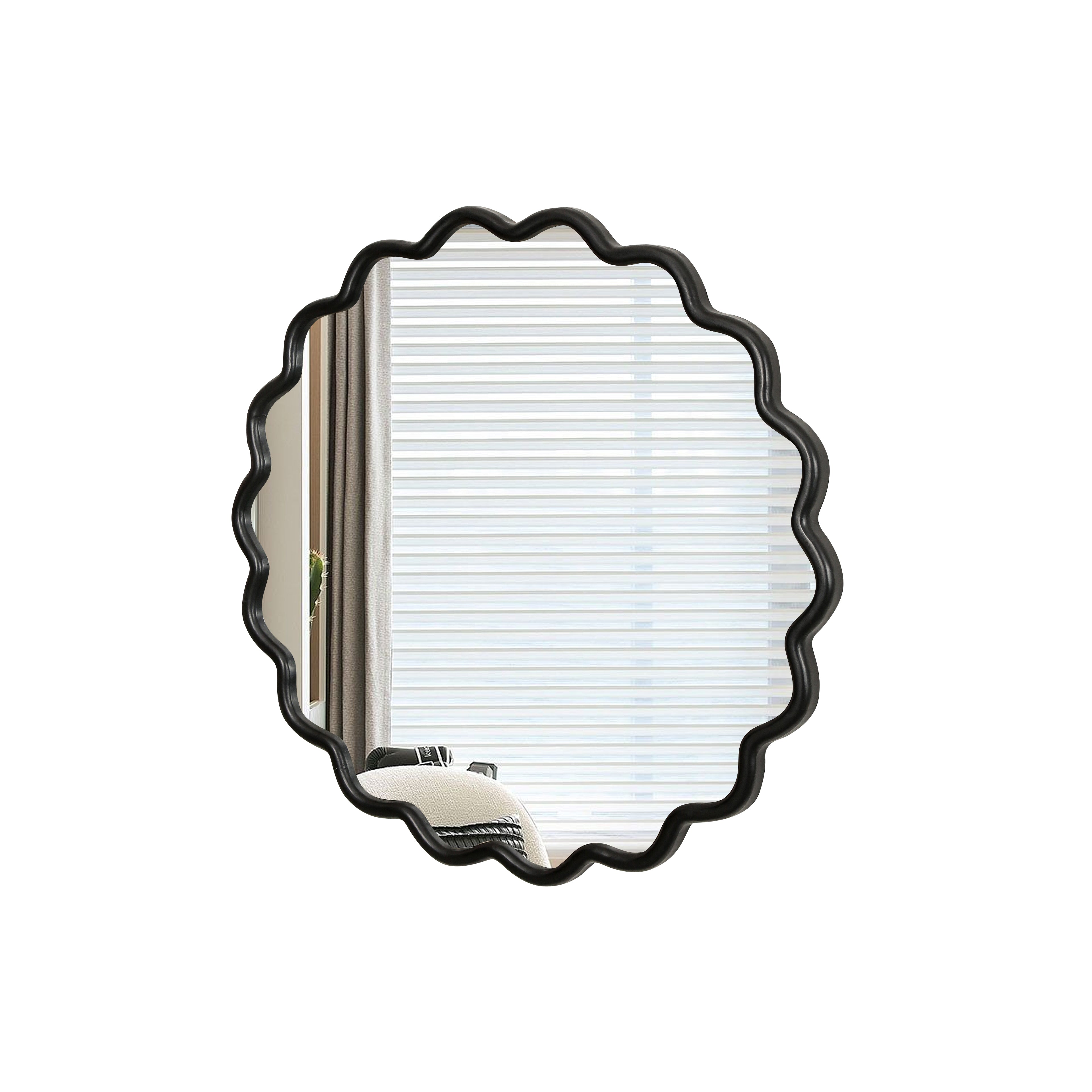 Wavy Round Black Wall Mirror, Solid Wood, 31.1'' Diameter