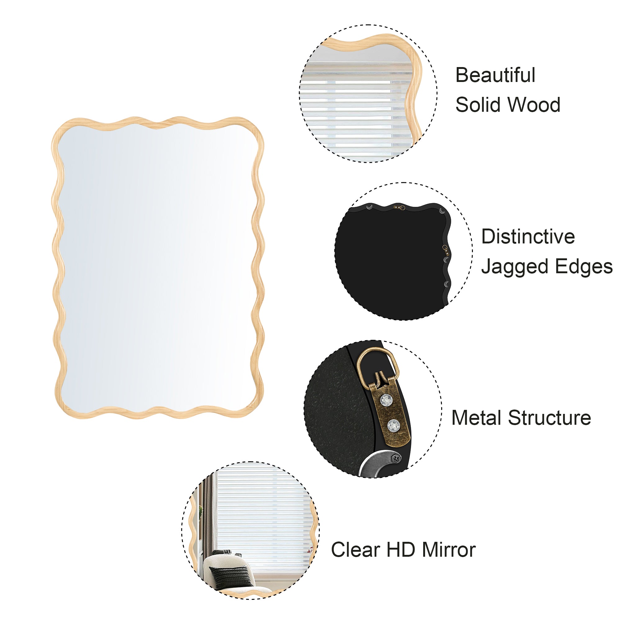 Wavy Rectangular Natural Wood Beige Wall Mirror, Solid Wood, 28'' x 39.8''