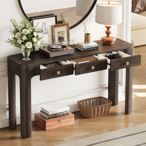 TREXM Rustic Console Table with 3 Concealed Drawers, Farmhouse Entryway Sofa Table with Curved Corners & Thick Legs for Living Room & Hallway,Espresso