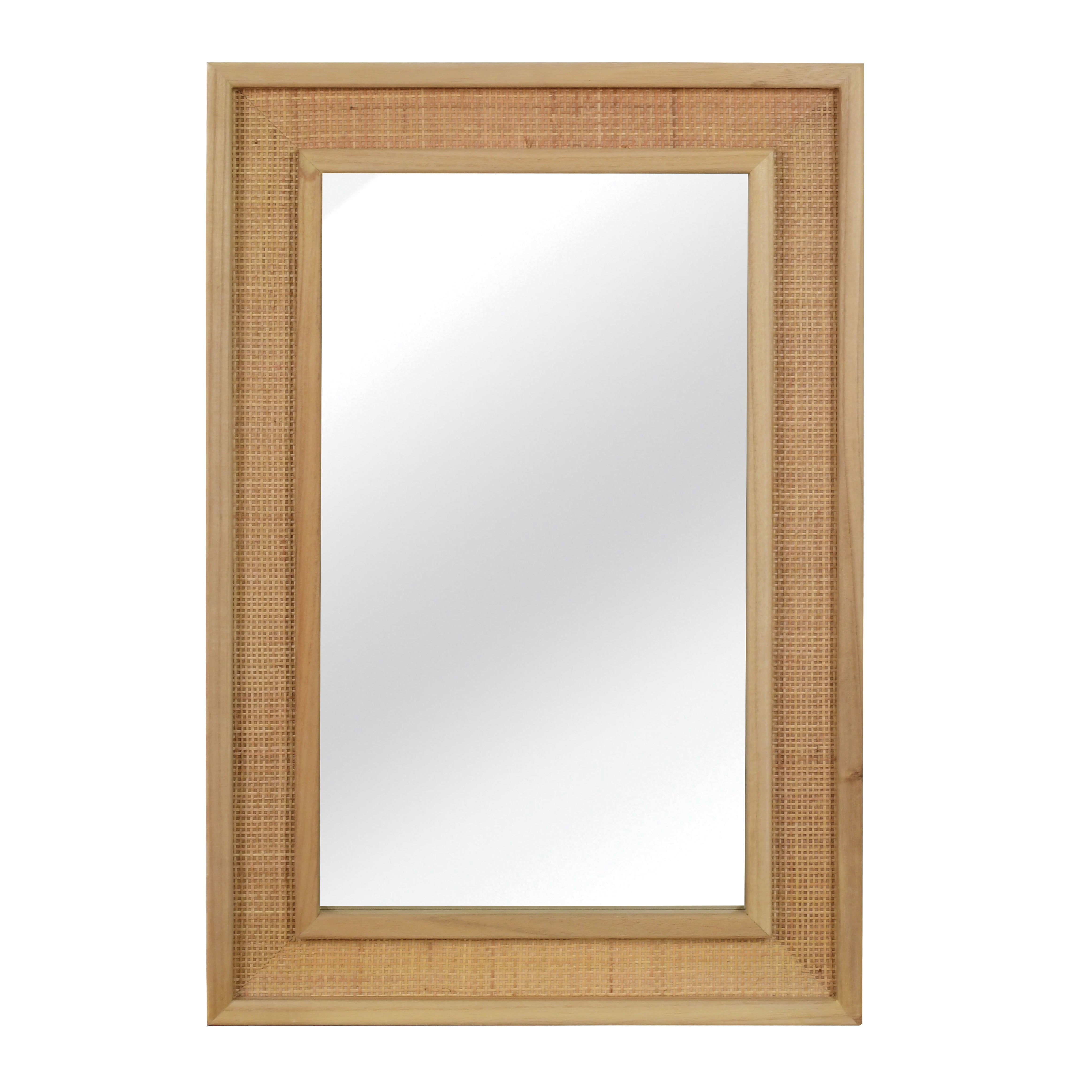 24" x 36" Decorative Mirror, Natural Wood Color Rattan Rectangle Solid Wood Frame, For Farmhouse,Home Decor,Entryway