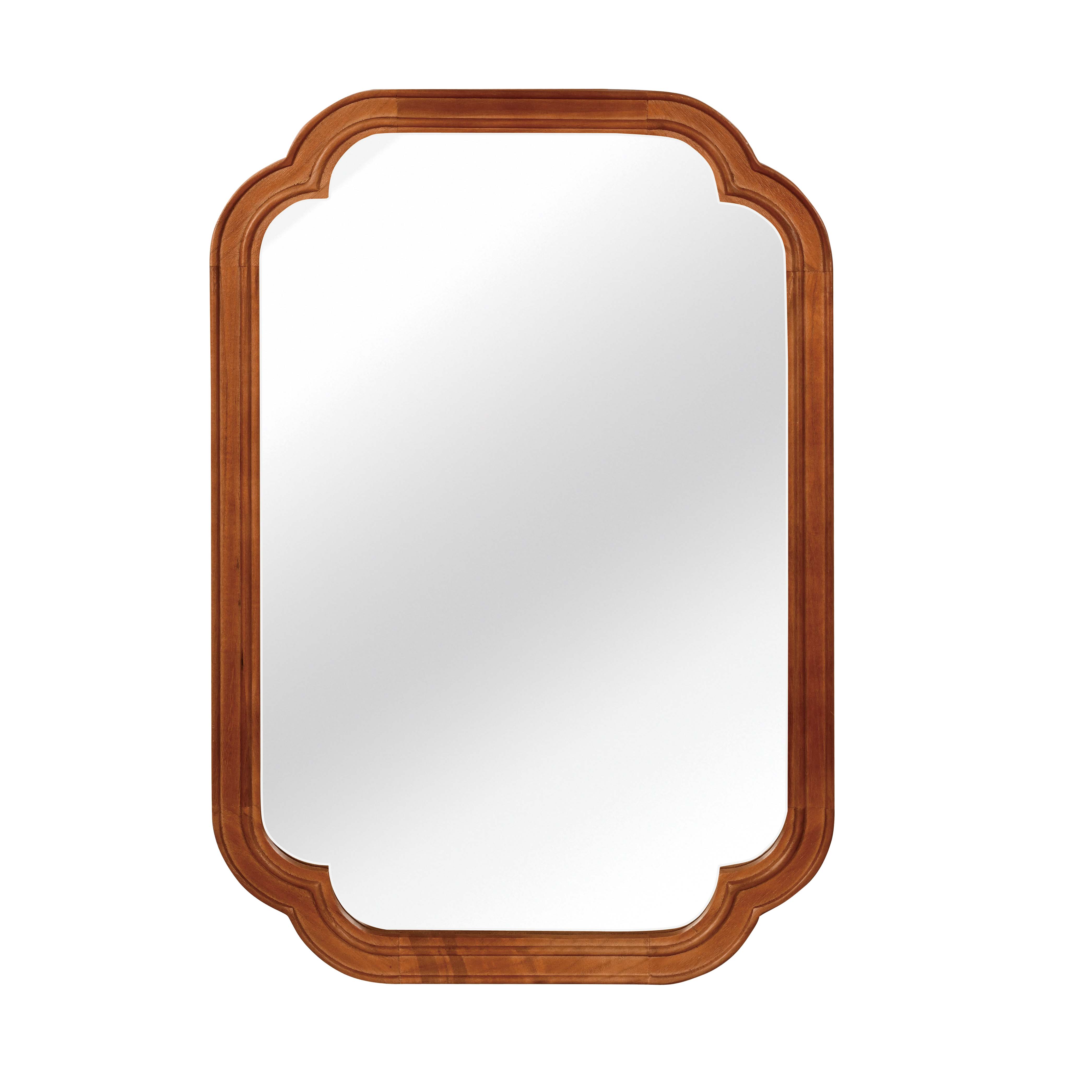Yellowish Brown 20" x 30" Solid Wood Frame Rounded Corner Wall Mirror, Decorative Wall Mirror for Bedroom