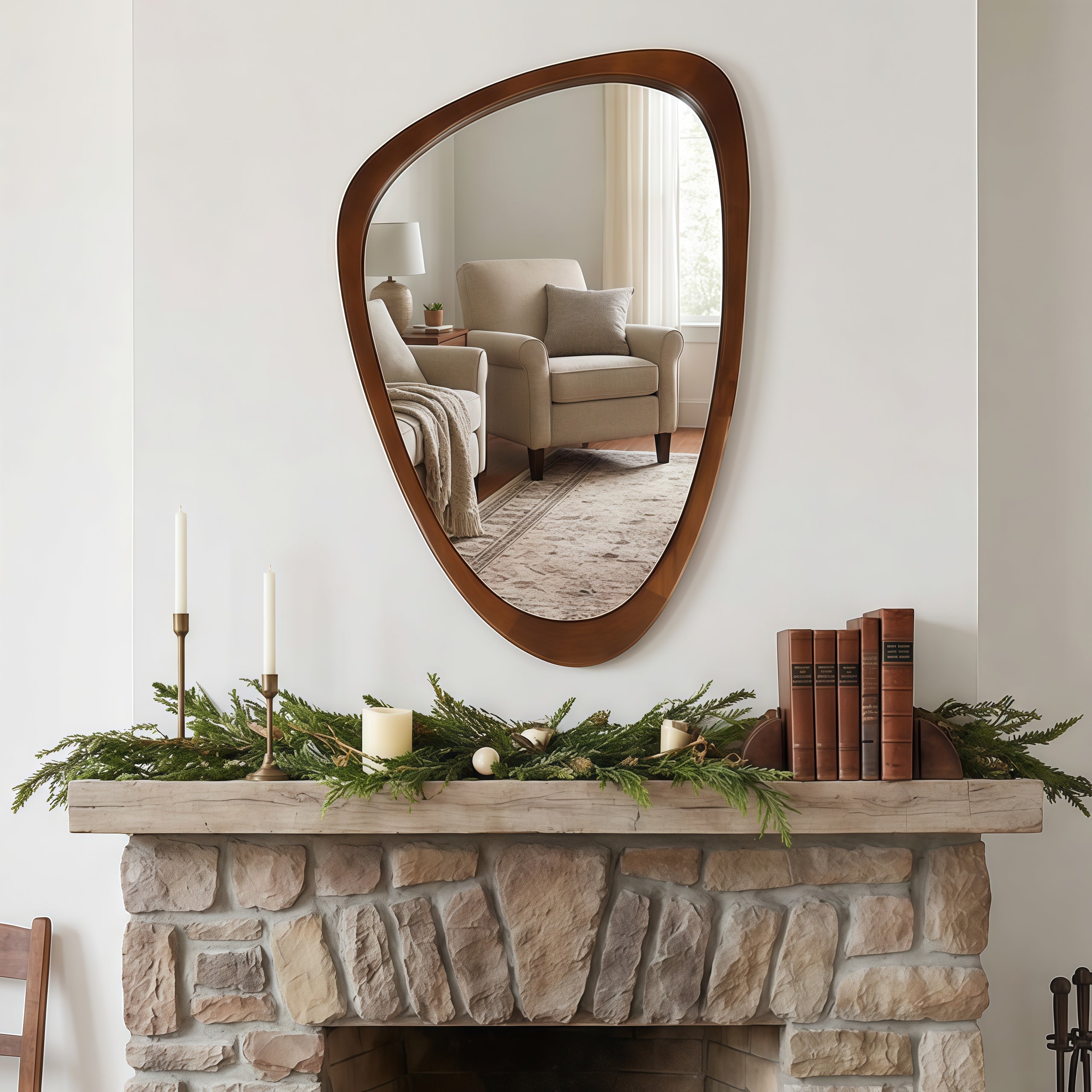 Black Walnut Wood Color 24"x36" Irregular Solid Wood Frame Decorative Mirror, For Bedroom, Living Room, Entryway