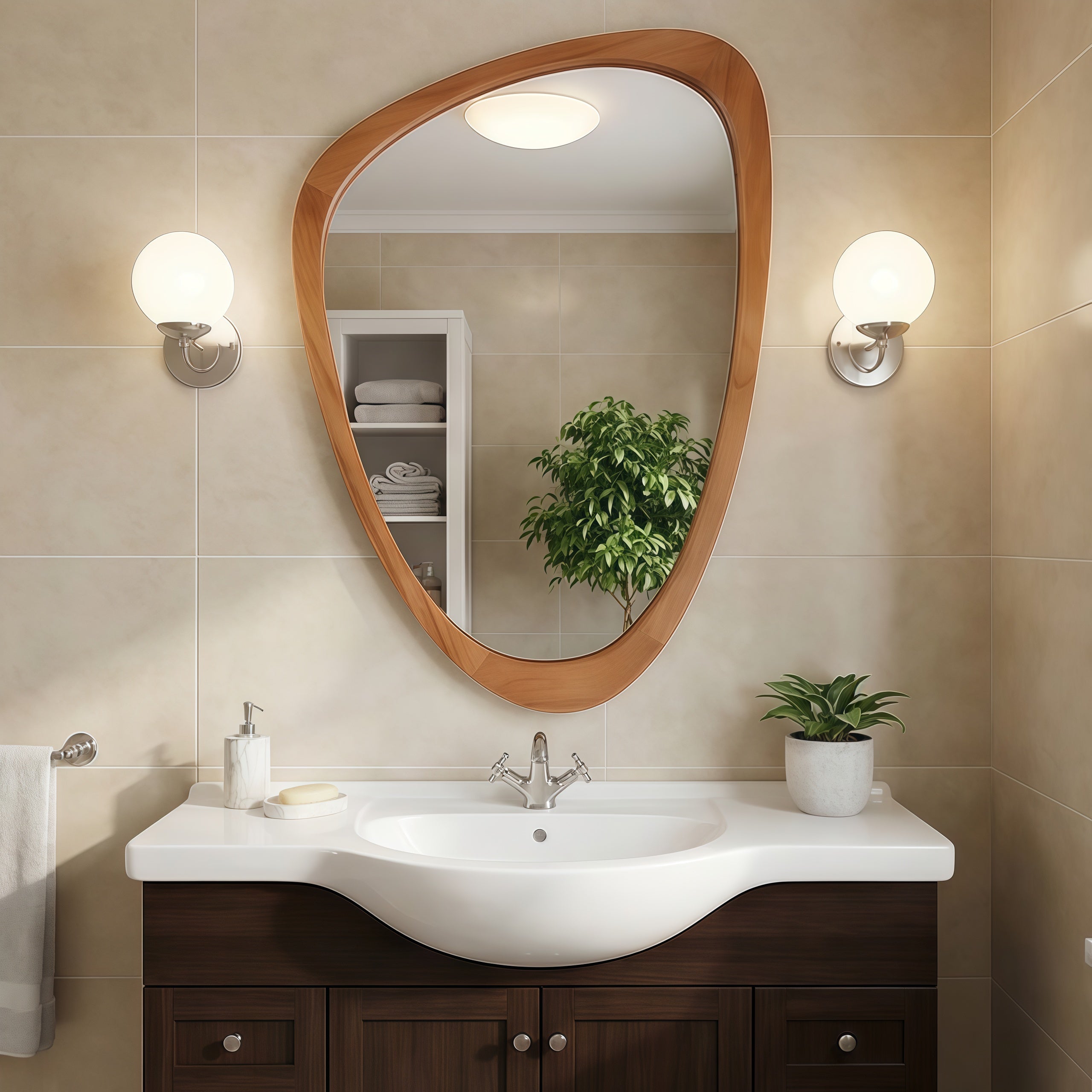 24" x 36"  Yellowish-Brown Irregular Wood Frame Mirror|Solid Wood Frame Decorative Bathroom Vanity Mirror for Bedroom, Living Room & Entryway